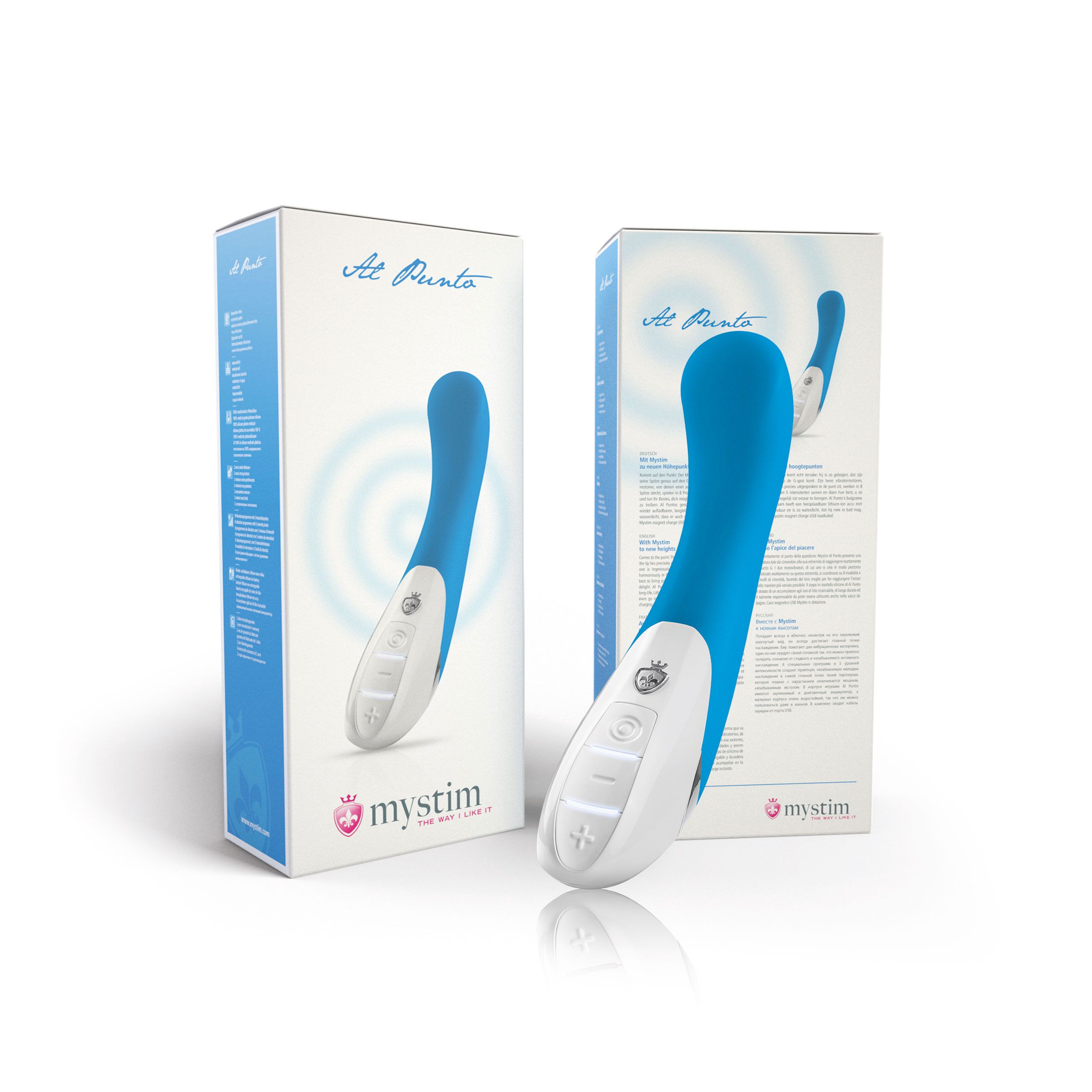 Zwei Produktverpackungen. Blauer Vibrator mit weißem Bedienfeld. Text: Mystim Al Punto.