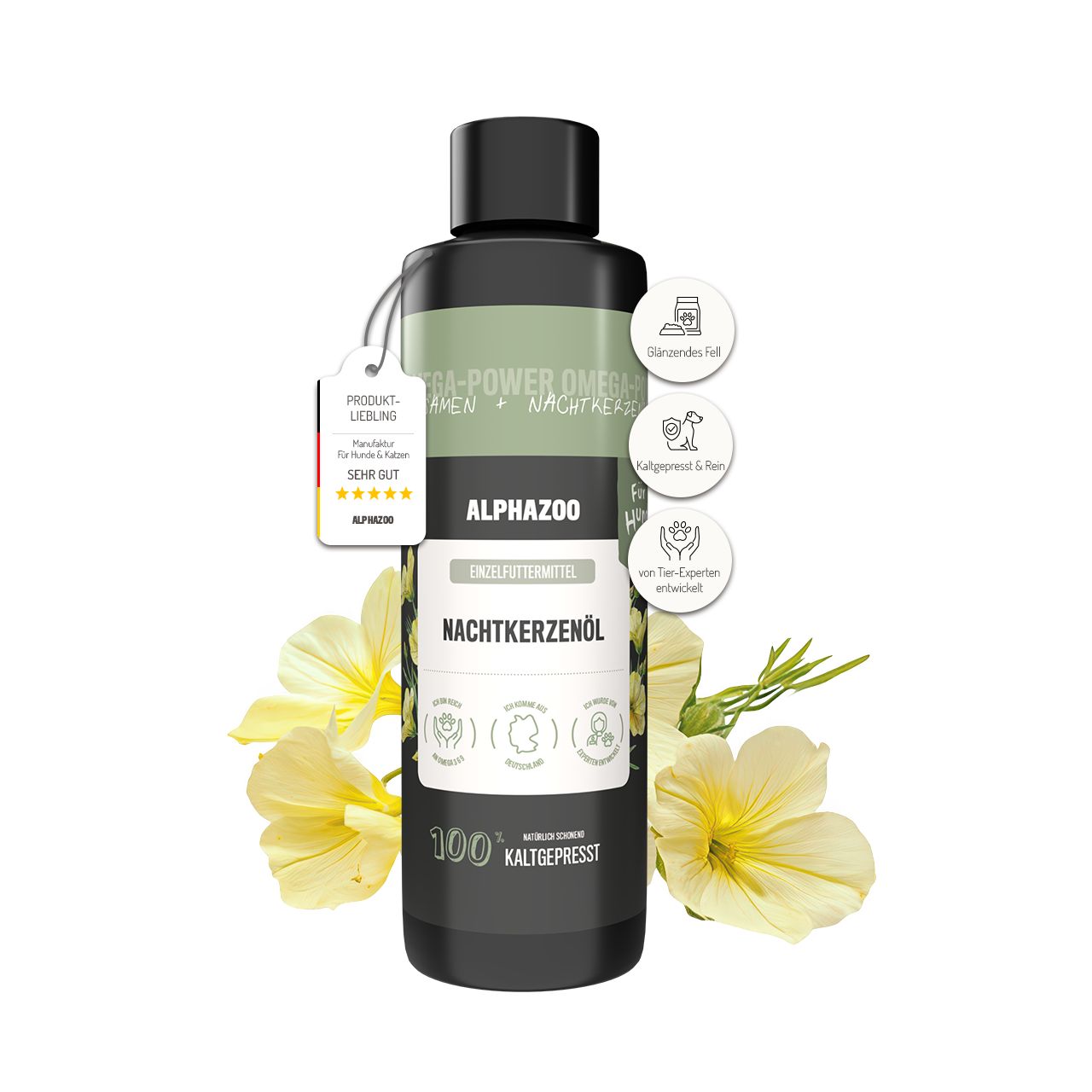 Schwarze Flasche mit Etikett. Text: ALPHAZOO, Nachtkerzenöl, 100% kaltgepresst. Anhänger mit Bewertung. Gelbe Blumen.