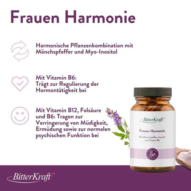 Produktabbildung mit Text. BitterKraft! Frauen Harmonie, Inhaltsstoffe, und Vorteile. Flasche mit Kapseln und Lavendel.