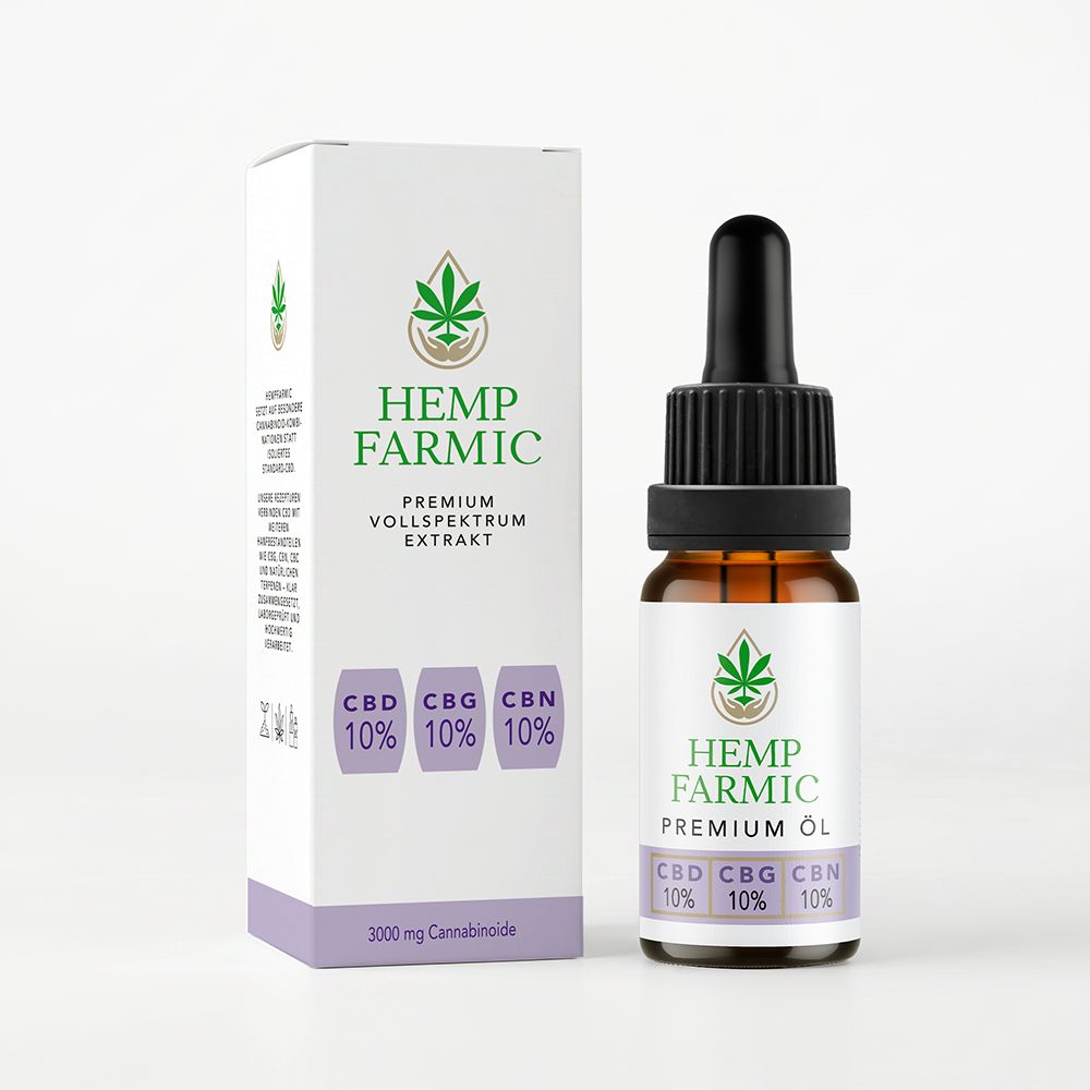 HempFarmic Premium Vollspektrum Extrakt Öl mit CBD, CBG, CBN 10%. Braune Glasflasche mit Pipette und Verpackung.