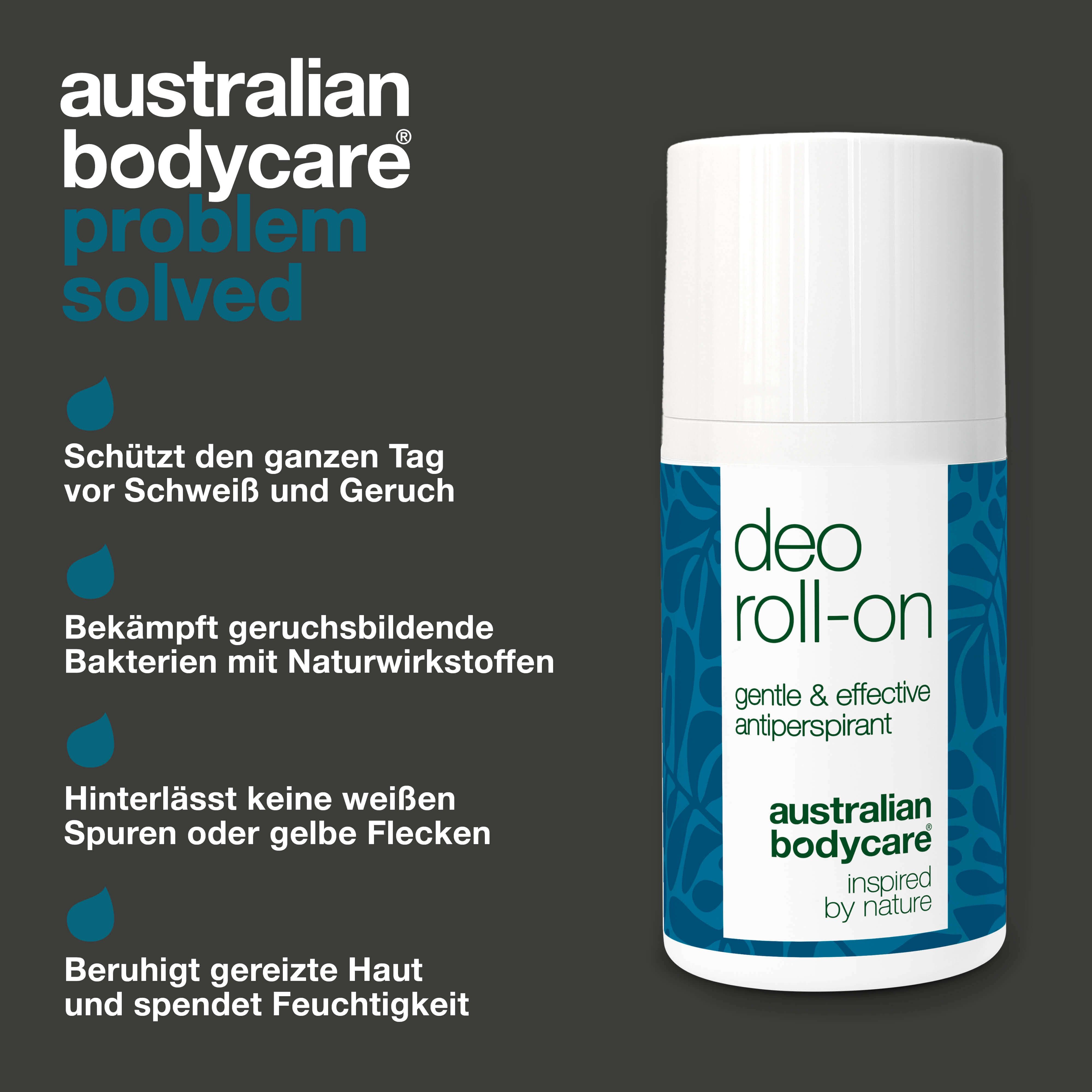 Roll-on-Deo mit Text: Schützt vor Schweiß und Geruch, bekämpft geruchsbildende Bakterien. Australian Bodycare.