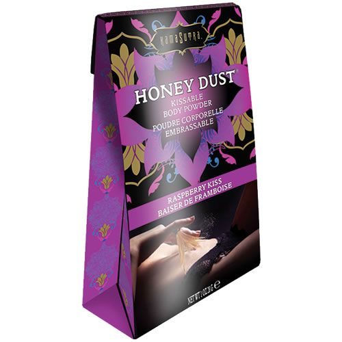 Verpackung von Honey Dust. Aufschrift: Kissable Body Powder, Himbeer-Geschmack. Abbildung einer Person.
