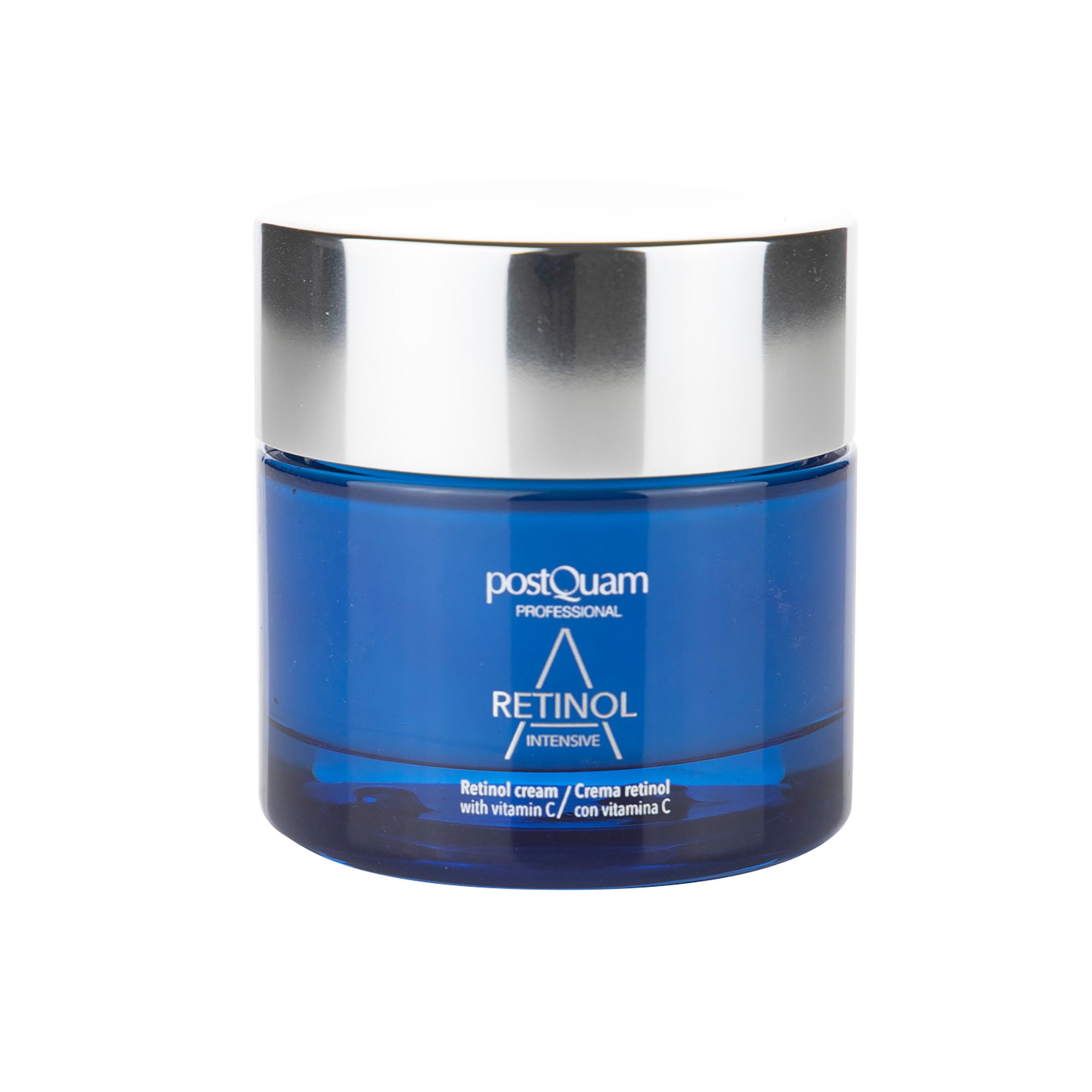 Blaue Creme-Dose mit silbernem Deckel. Aufschrift: Retinol Intensive, Retinol cream with vitamin C.
