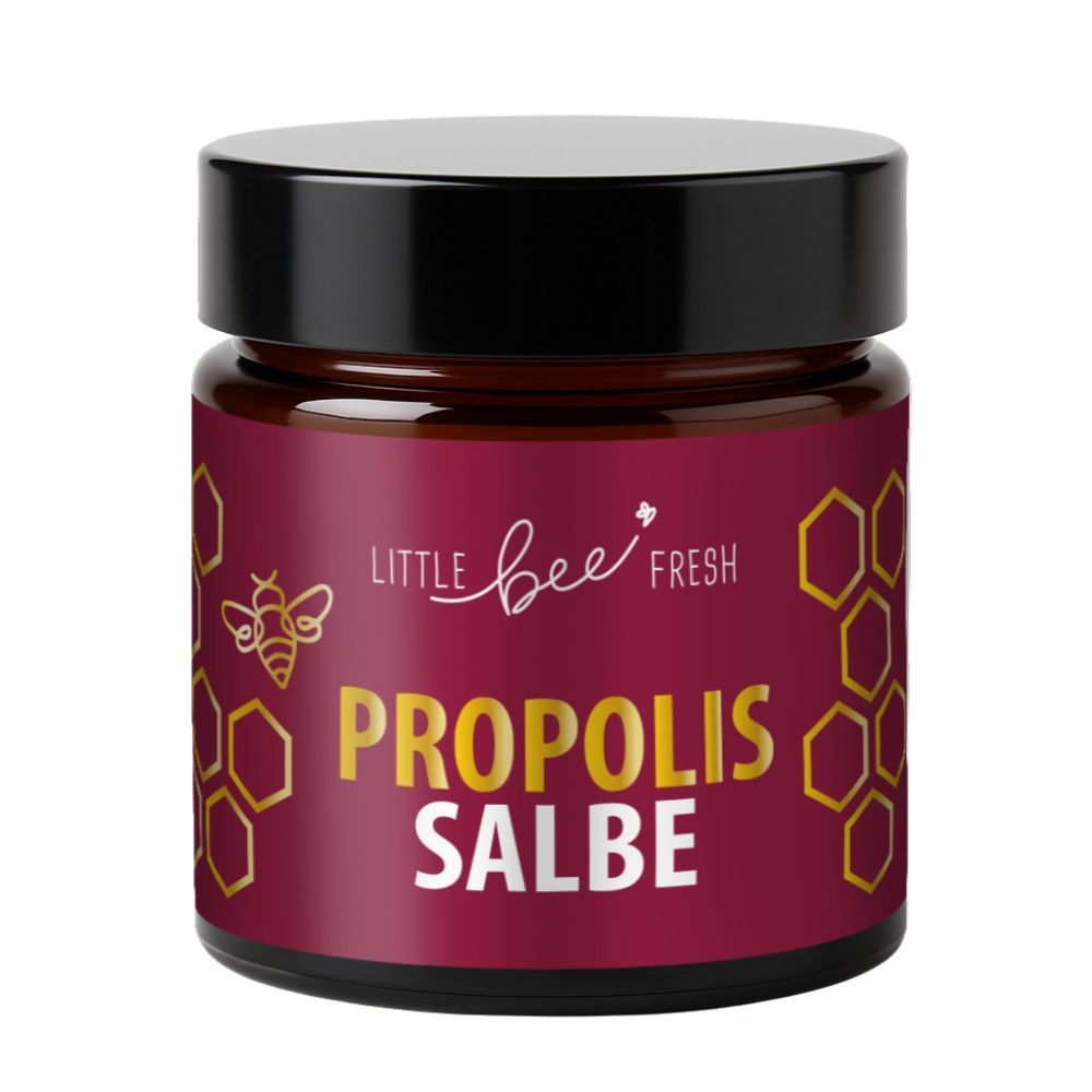 Braunglas-Tiegel mit schwarzem Deckel. Etikett mit Schriftzug "PROPOLIS SALBE" und "Little bee fresh". Goldene Bienenwabe-Grafik.
