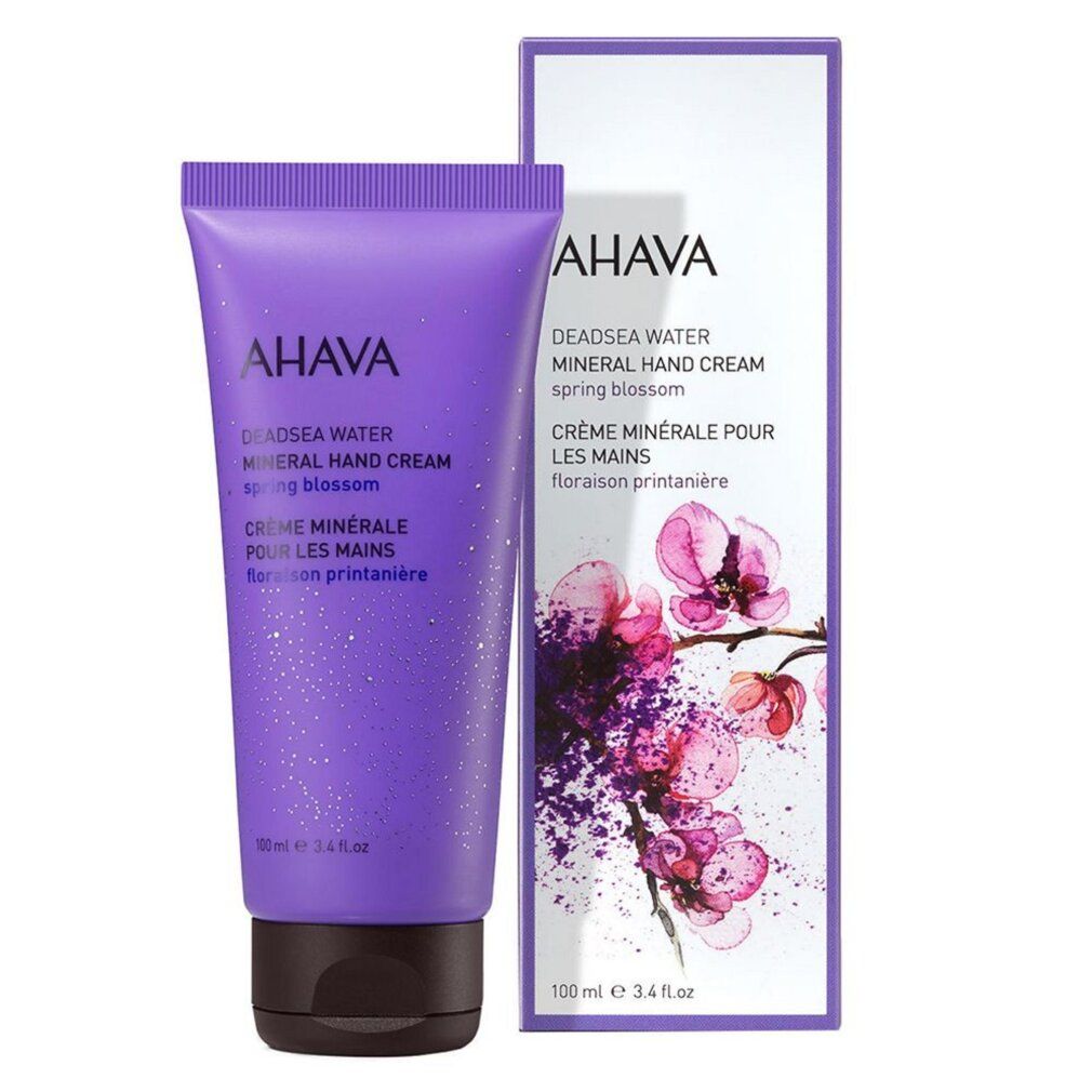 AHAVA Mineral Hand Cream Tube und Box mit Blumen.