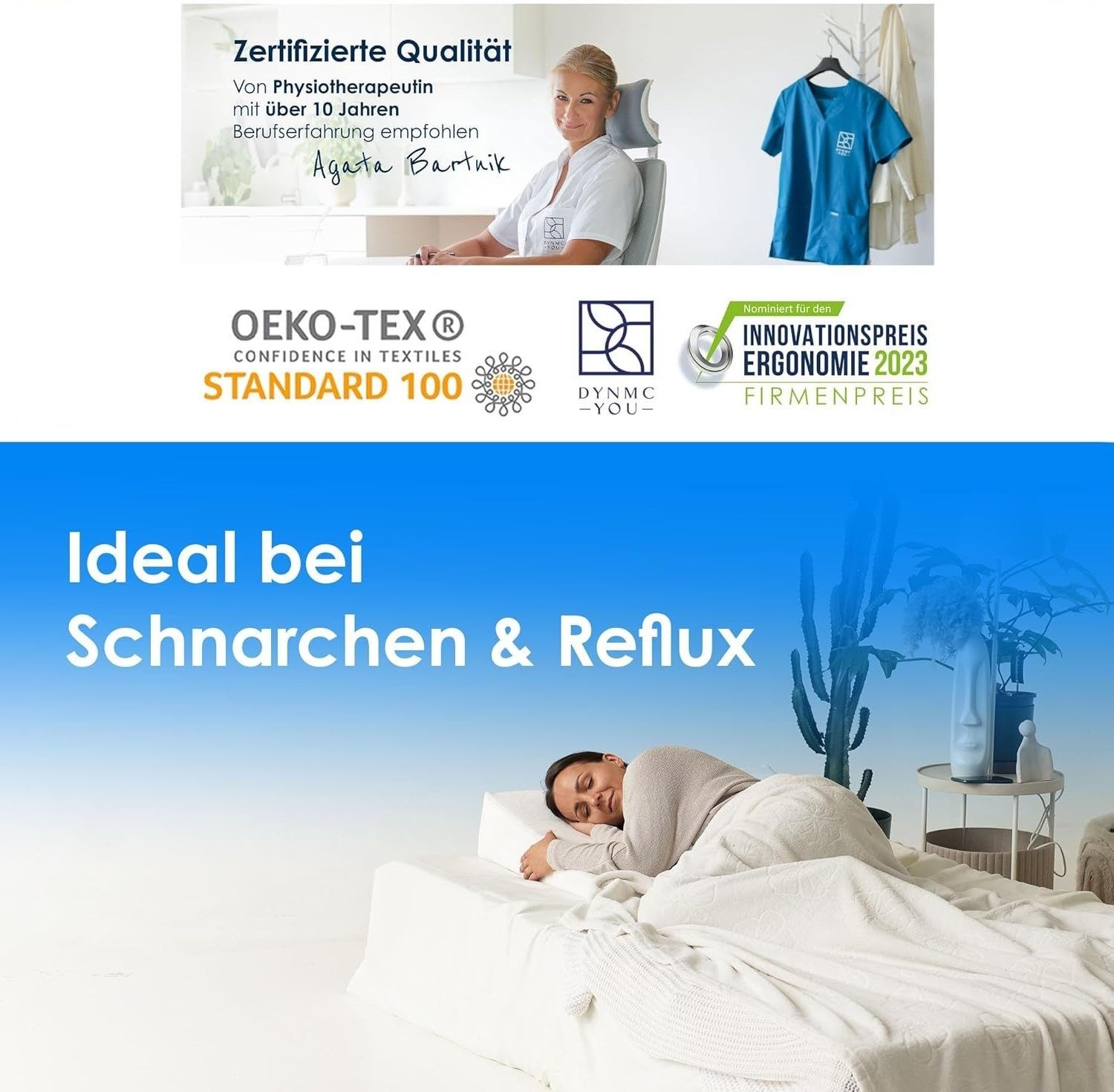 Frau liegt auf Keilkissen. Text: Zertifizierte Qualität, Ideal bei Schnarchen & Reflux. Logos: OEKO-TEX, Innovationspreis Ergonomie.