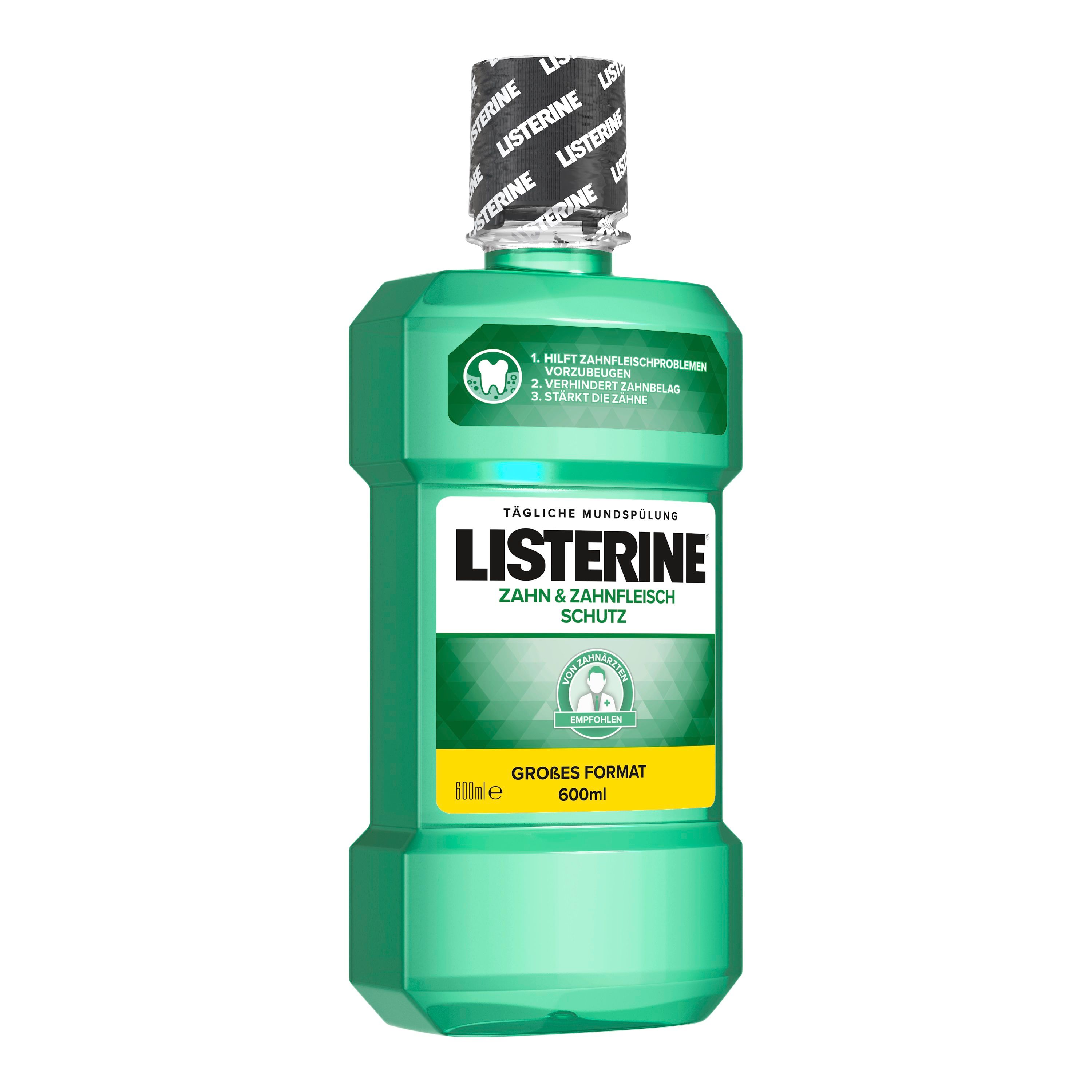 Grüne Listerine-Flasche, Frontansicht. "Zahn- & Zahnfleischschutz" und "Großes Format" sind sichtbar. Schwarzer Deckel.