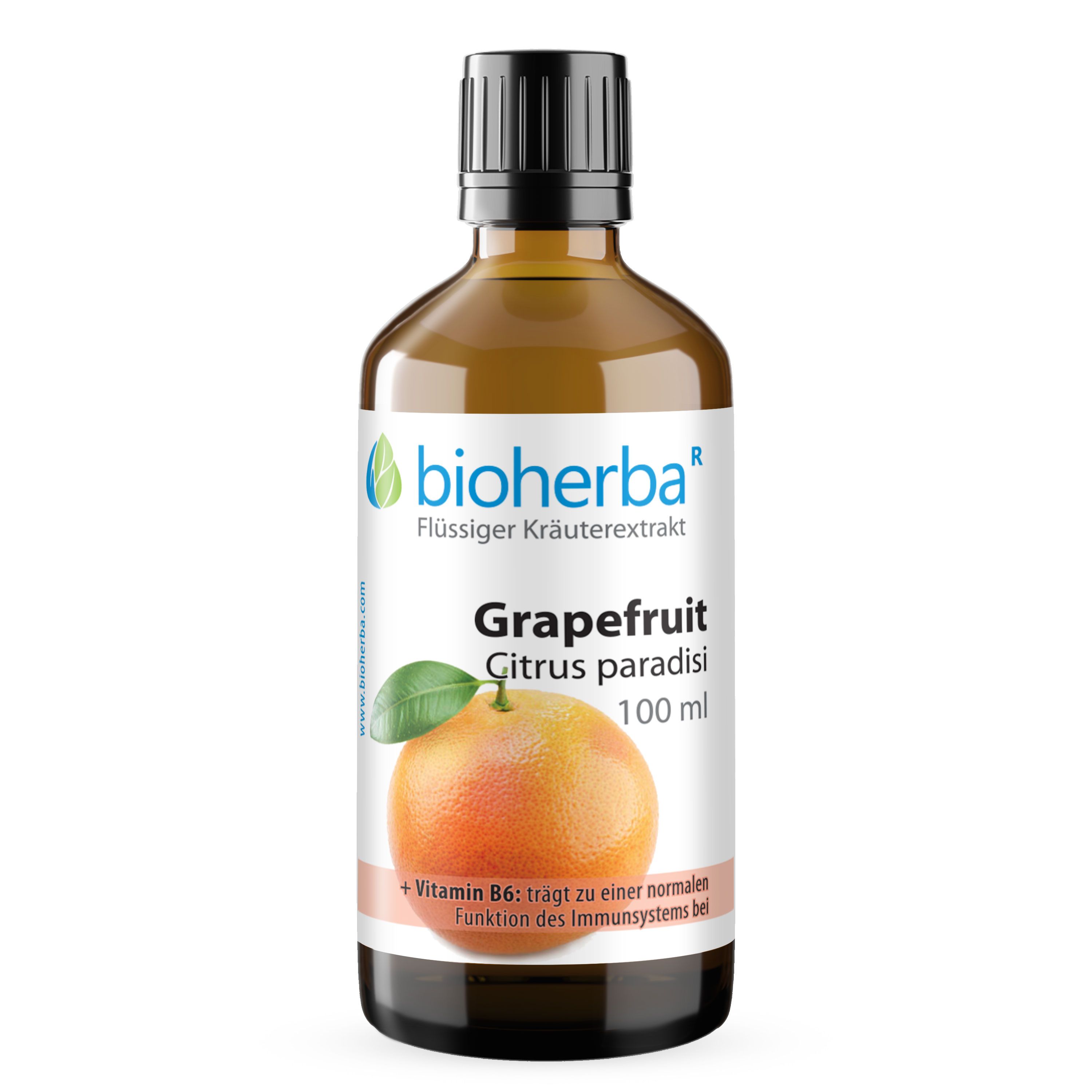 Braune Glasflasche mit schwarzem Deckel. Etikett mit Bioherba Grapefruit Citrus paradisi Tropfen Tinktur. 100 ml.