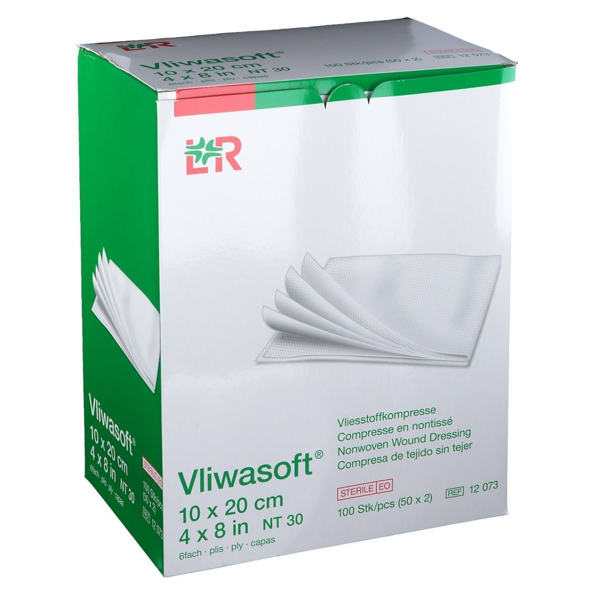 Verpackung mit Vliesstoffkompressen. Aufdruck: Vliwasoft 10 x 20 cm, steril. Gezeigt sind Kompressen und Verpackung.
