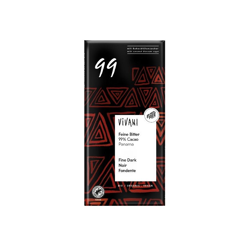 Schokoladentafel mit schwarzem Hintergrund und rotem Muster. Aufschrift "99" und "VIVANI Feine Bitter 99% Cacao".