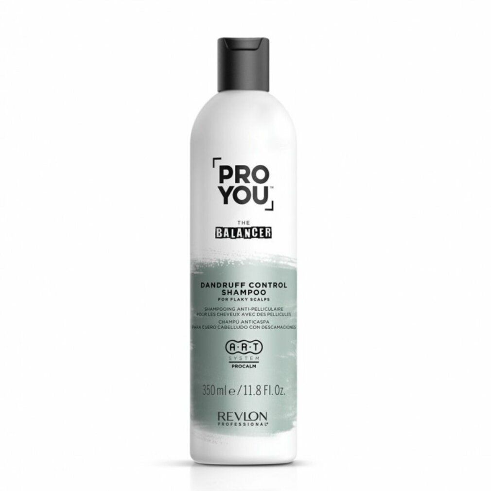 Weiße Shampoo-Flasche mit schwarzem Deckel. Aufschrift: PRO YOU THE BALANCER, Dandruff Control Shampoo. Marke: Revlon.
