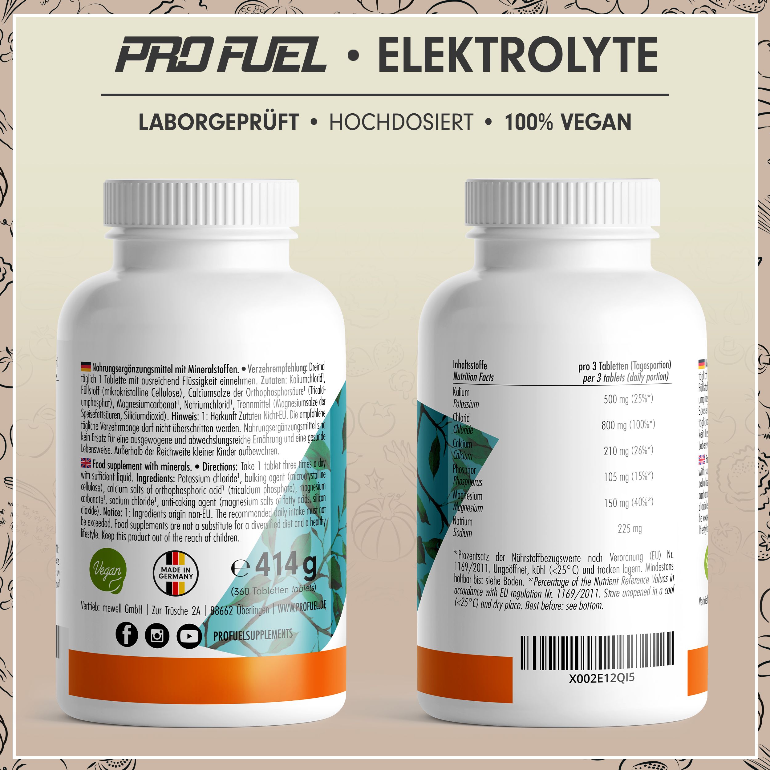 Zwei Ansichten einer Flasche Elektrolyte Komplex. Rückseite mit Inhaltsstoffen und Nährwertangaben. Vegan-Siegel. 414g.