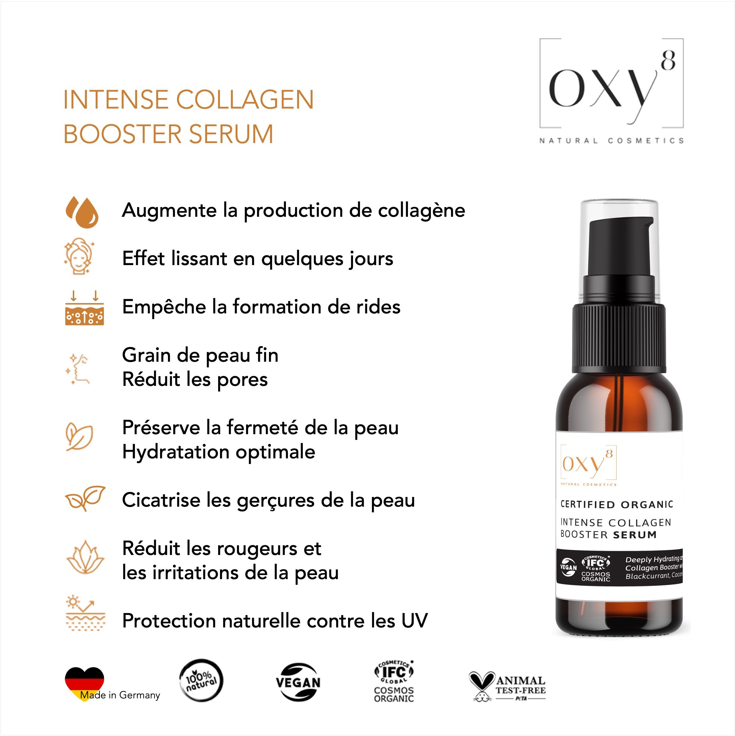 Flacon de produit à côté du texte des avantages du produit. Logo oxy8 Naturkosmetik.
