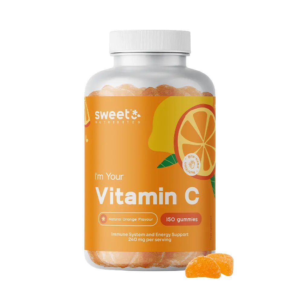 Vitamin C Gummies in einer Flasche. Aufschrift: I'm Your Vitamin C, 150 Gummies, 240 mg pro Portion. Zwei Gummies daneben.
