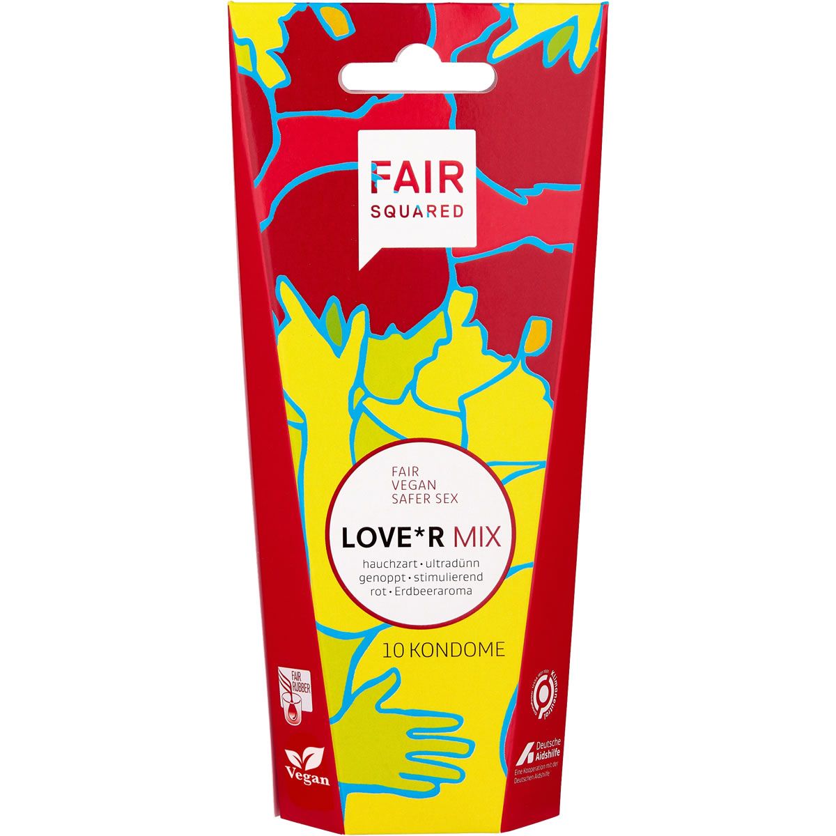 Verpackung mit Kondomen. Aufschrift: FAIR SQUARED, LOVE*R MIX, 10 Kondome. Vegan, safer sex. Rote, gelbe und blaue Farben.