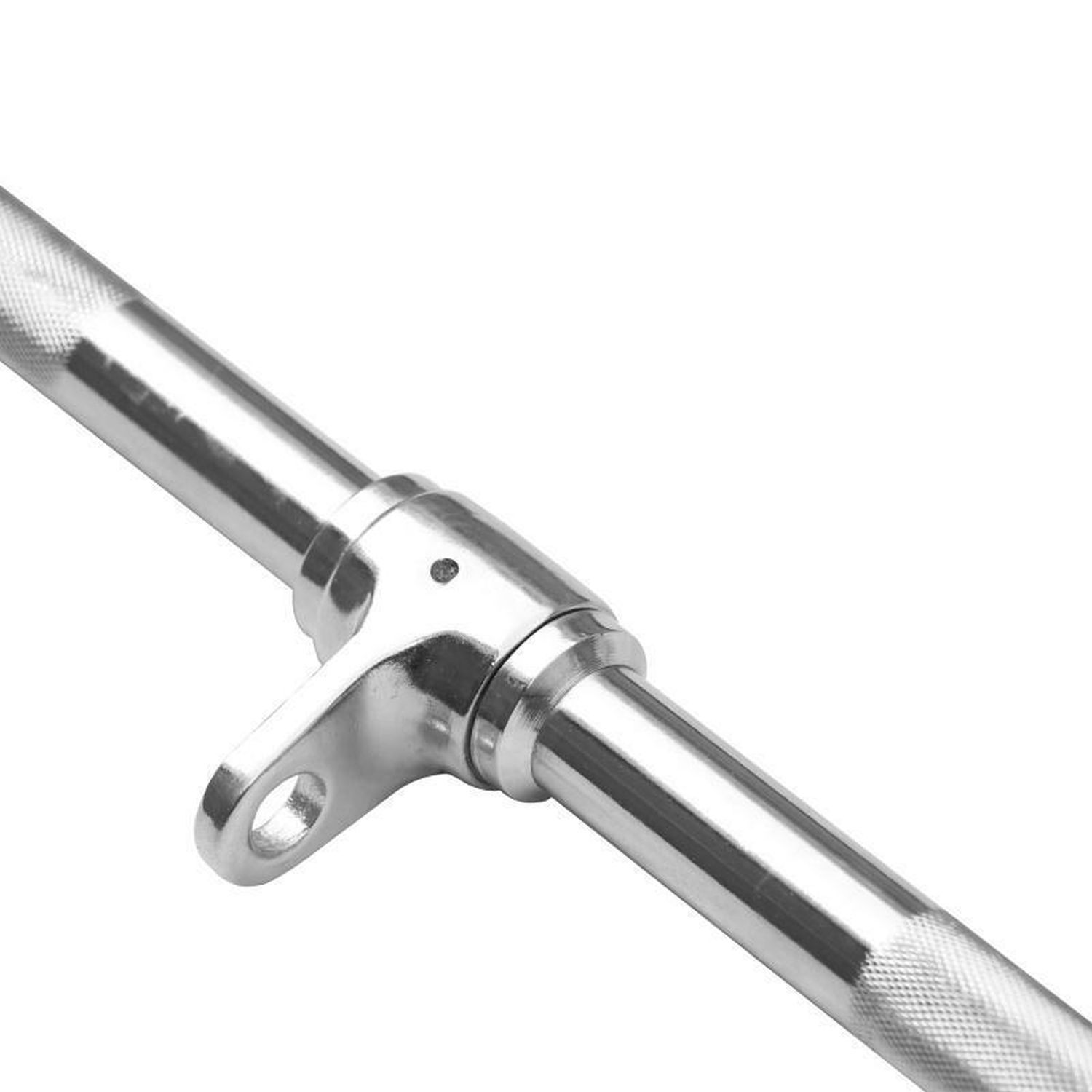 Detailansicht der Latzugstange. Silberfarbenes Metall. Befestigungspunkt und geriffelte Grifffläche.