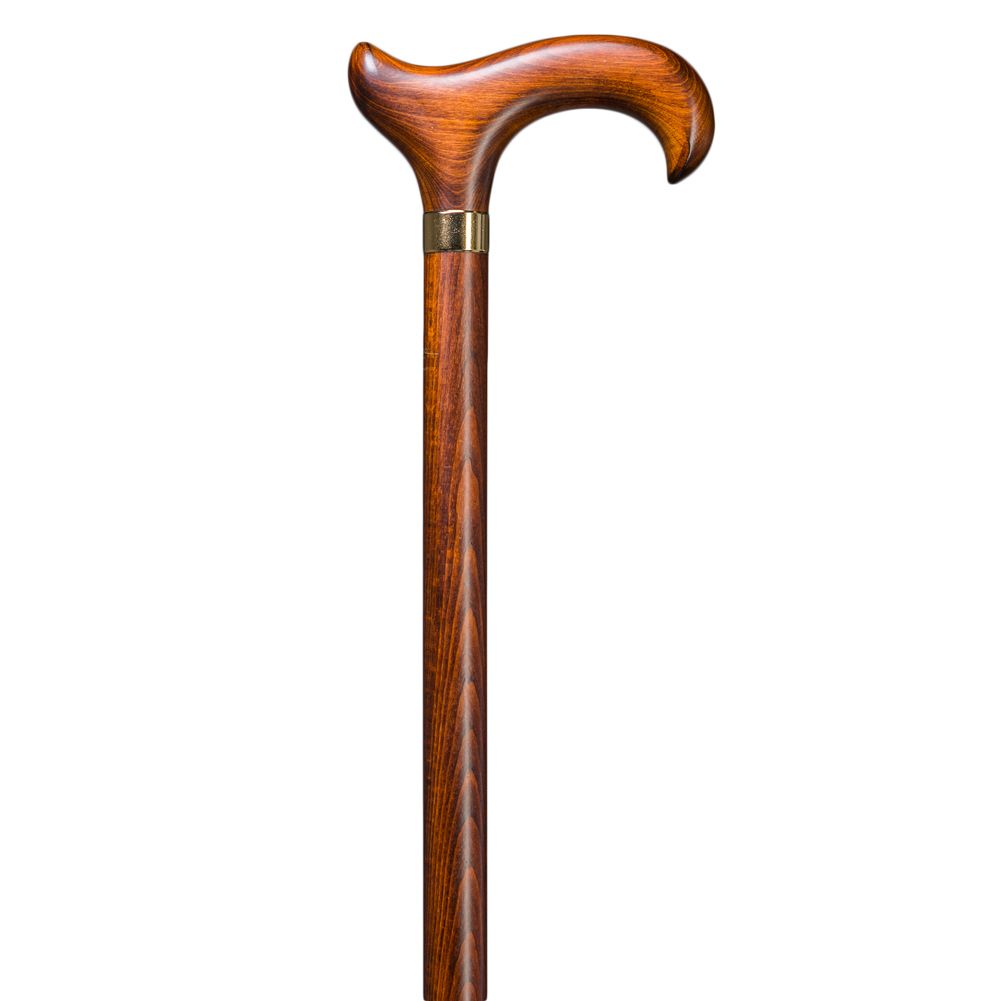 Gehstock mit ergonomischem Griff. Holzschaft, braune Farbe. Metallring am Griffansatz.