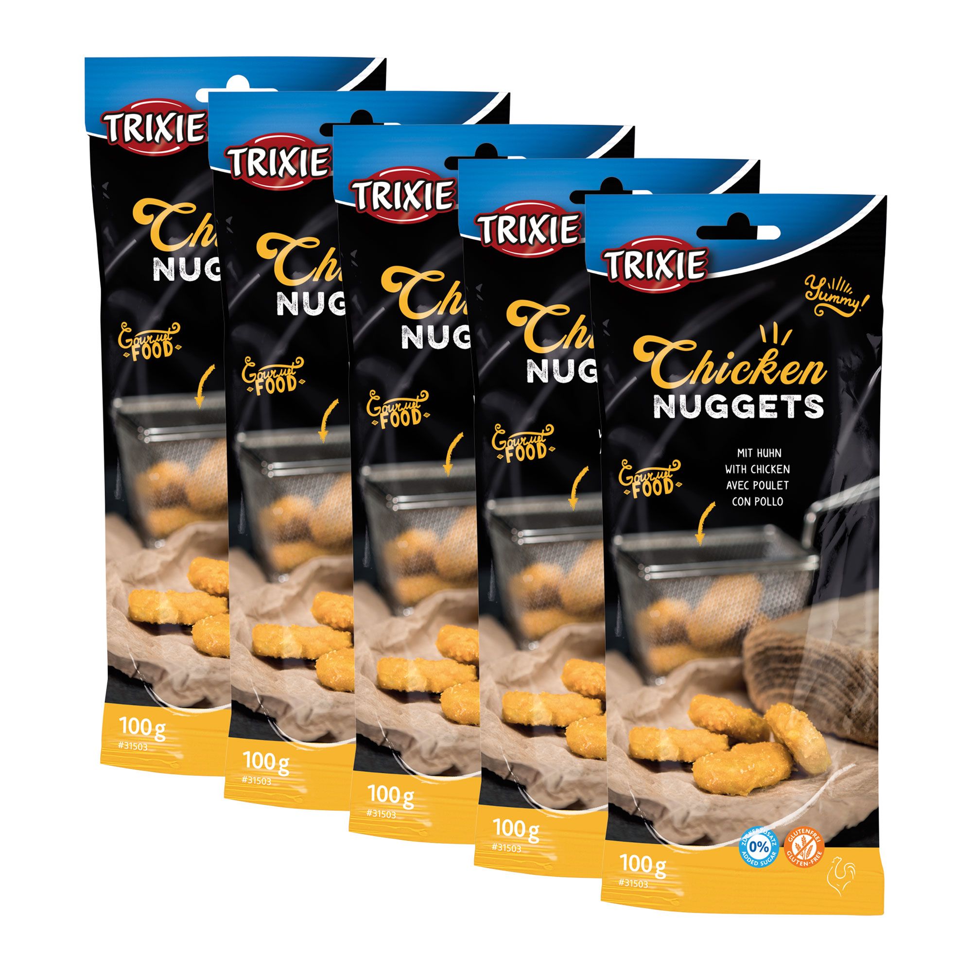 Fünf Packungen Trixie Chicken Nuggets. Schwarze Verpackung mit Produktname und transparentem Fenster, das Nuggets zeigt. 100g.