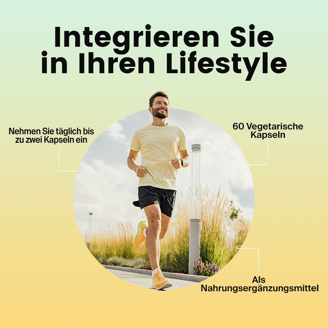 Mann läuft. Text: Nehmen Sie täglich bis zu zwei Kapseln ein. 60 vegetarische Kapseln. Als Nahrungsergänzungsmittel.