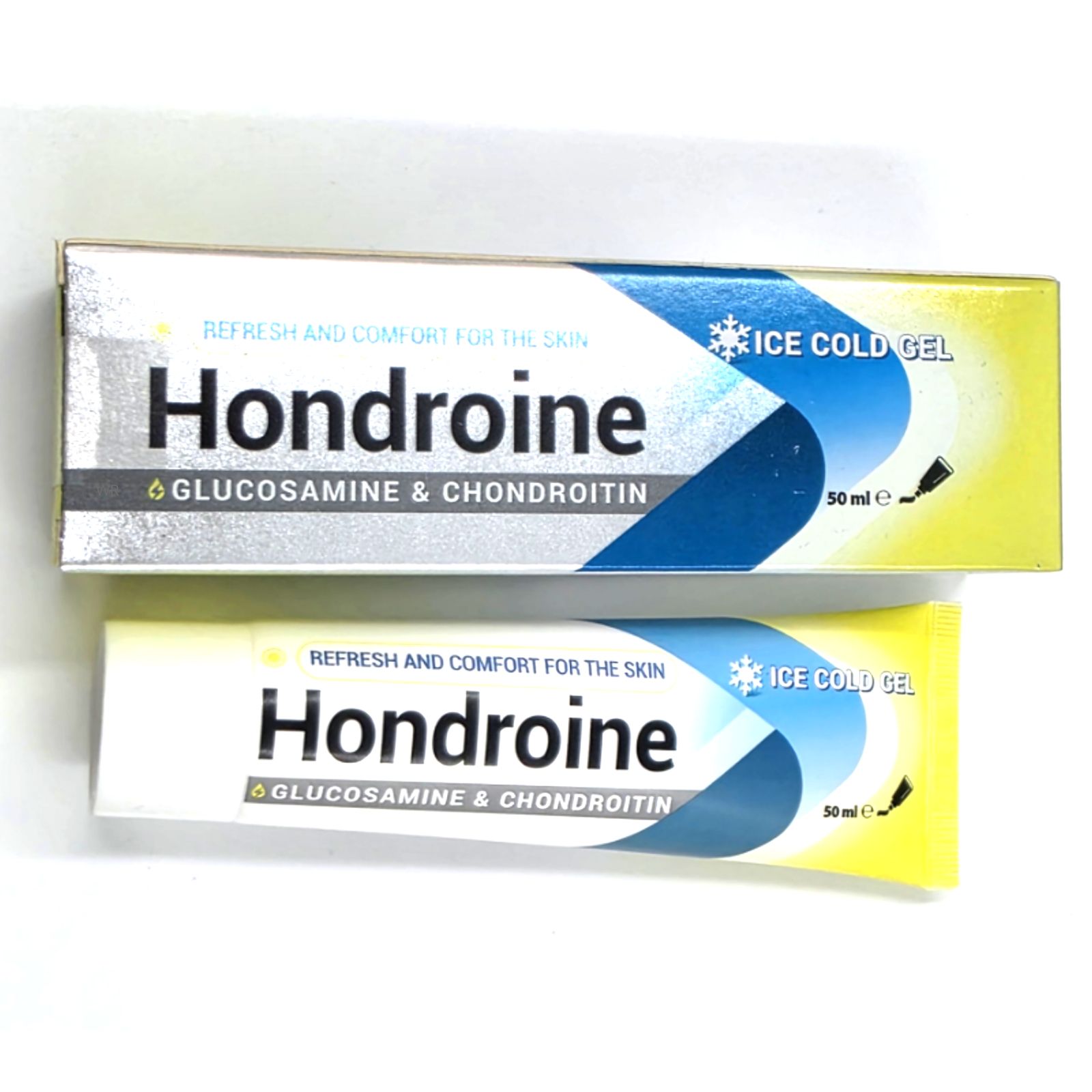Hondroine Ice Cold Gel Tube und Schachtel. Aufschrift: Glucosamin & Chondroitin. Gelb, blau und weiß.