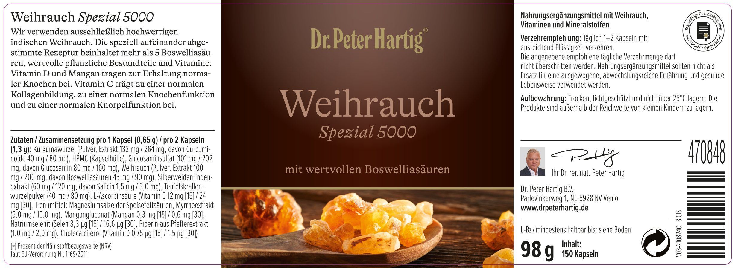 Produktetikett: Dr. Peter Hartig Weihrauch Spezial 5000. Inhaltsstoffe, Nährwertangaben, Abbildung von Weihrauchharz.