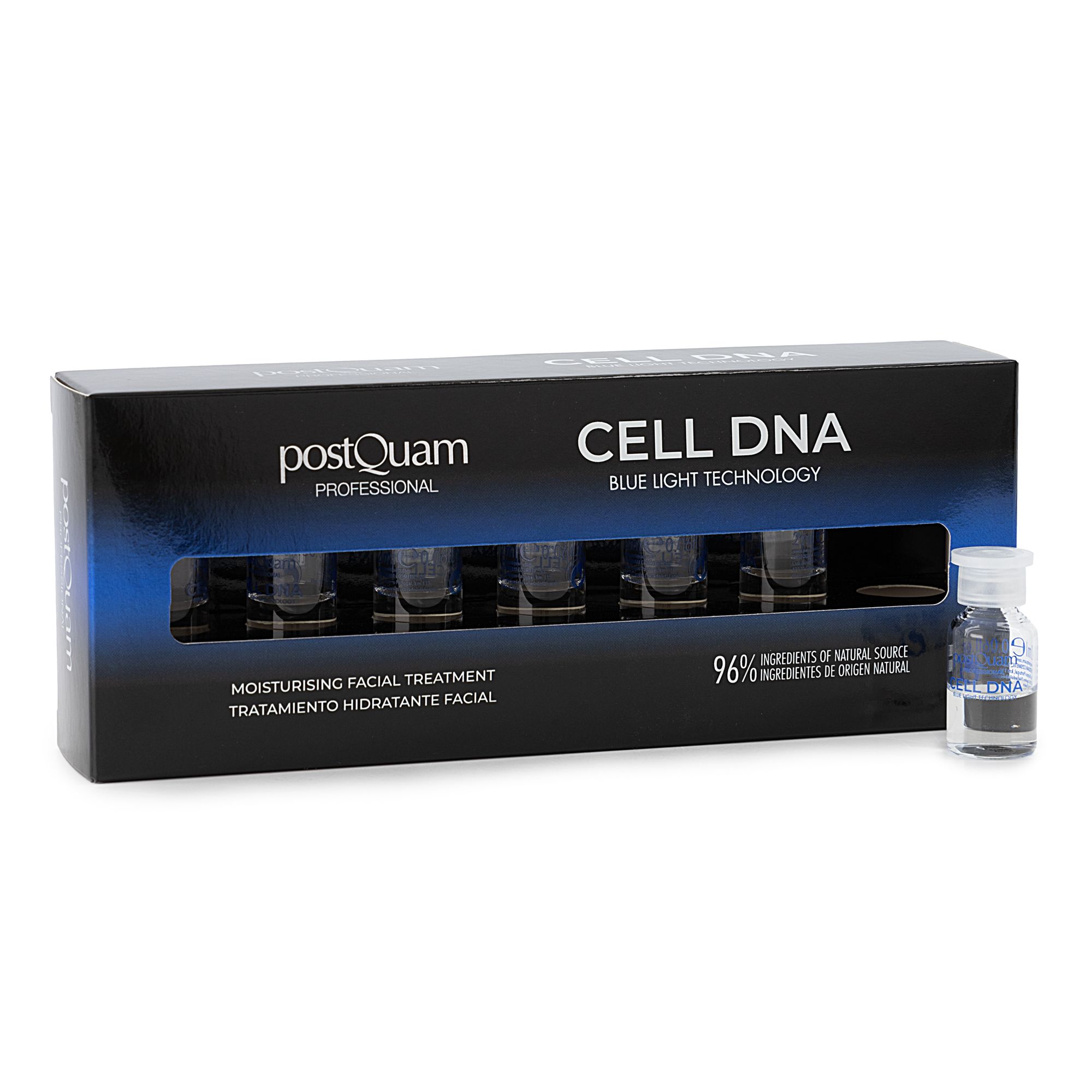 Schachtel mit Ampullen. Aufschrift: Postquam Professional, CELL DNA, Blue Light Technology. 96% Inhaltsstoffe natürlichen Ursprungs.