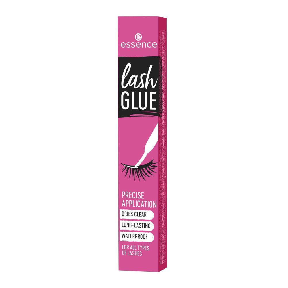 Rosa Verpackung mit schwarzem Streifen. Enthält Text: Essence, lash GLUE, präzise Anwendung, trocknet klar, wasserfest.