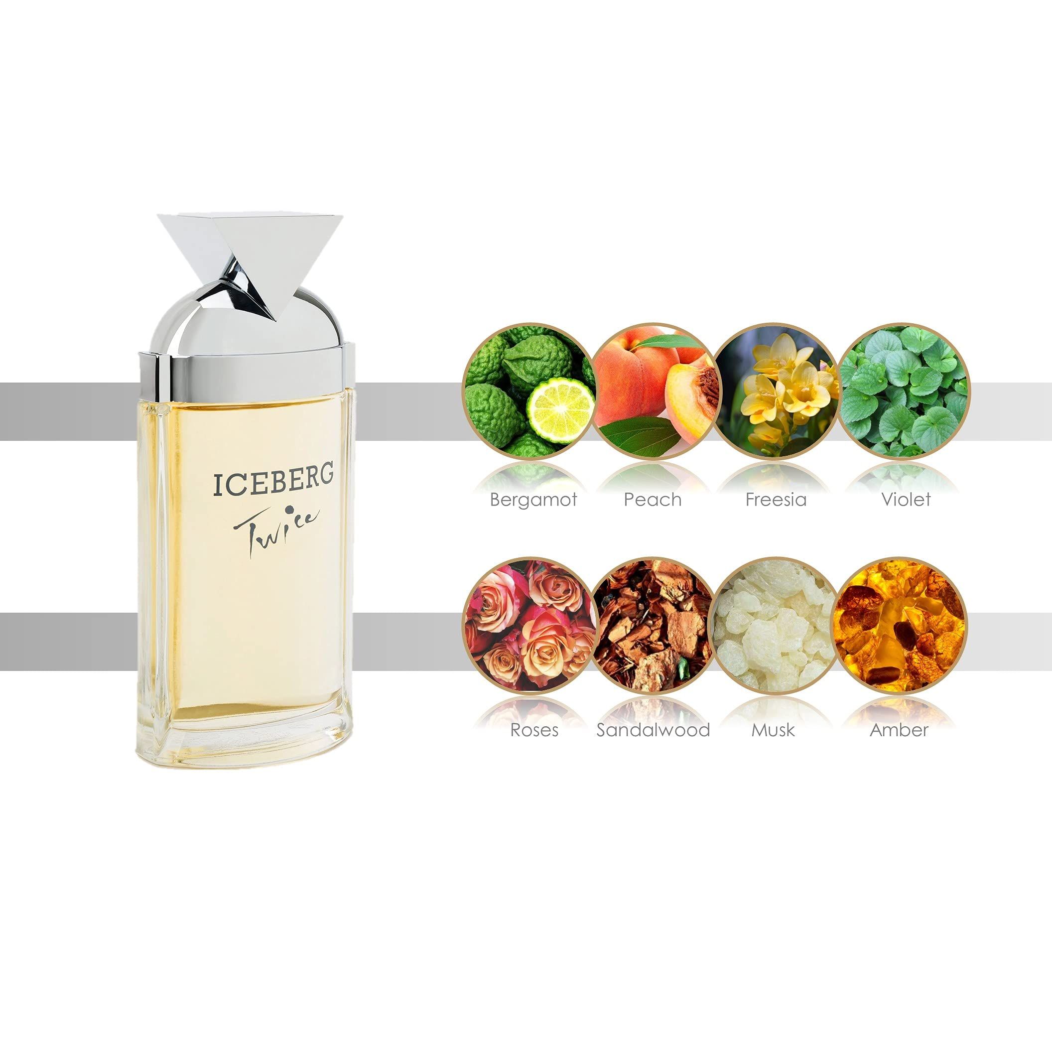 Iceberg Twice Damen Eau de Toilette. Flakon mit silbernem Deckel. Abbildung der Duftnoten.