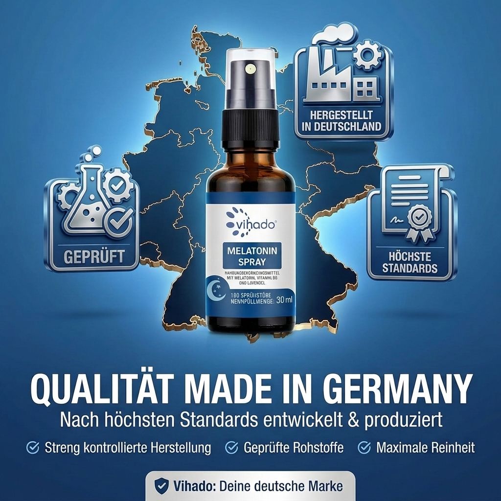Vihado Melatonin Spray: Qualität Made in Germany. Geprüft, höchste Standards. Strenge Herstellung, geprüfte Rohstoffe, maximale Reinheit.