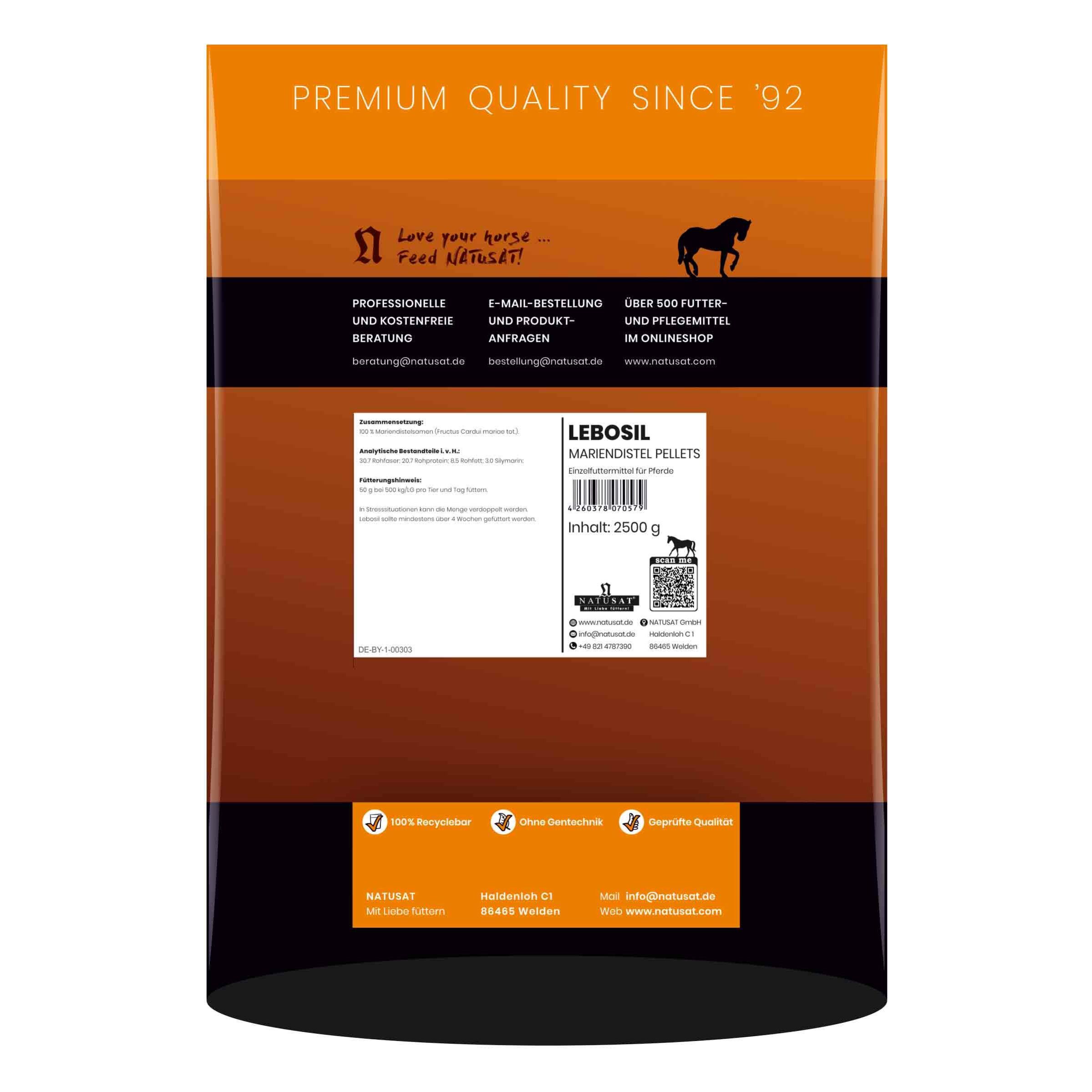 Verpackung von Lebosil Mariendistel Pellets. Enthält 2500 g. Aufschrift: Natusat, Lebosil, Mariendistel Pellets. QR-Code und weitere Informationen.
