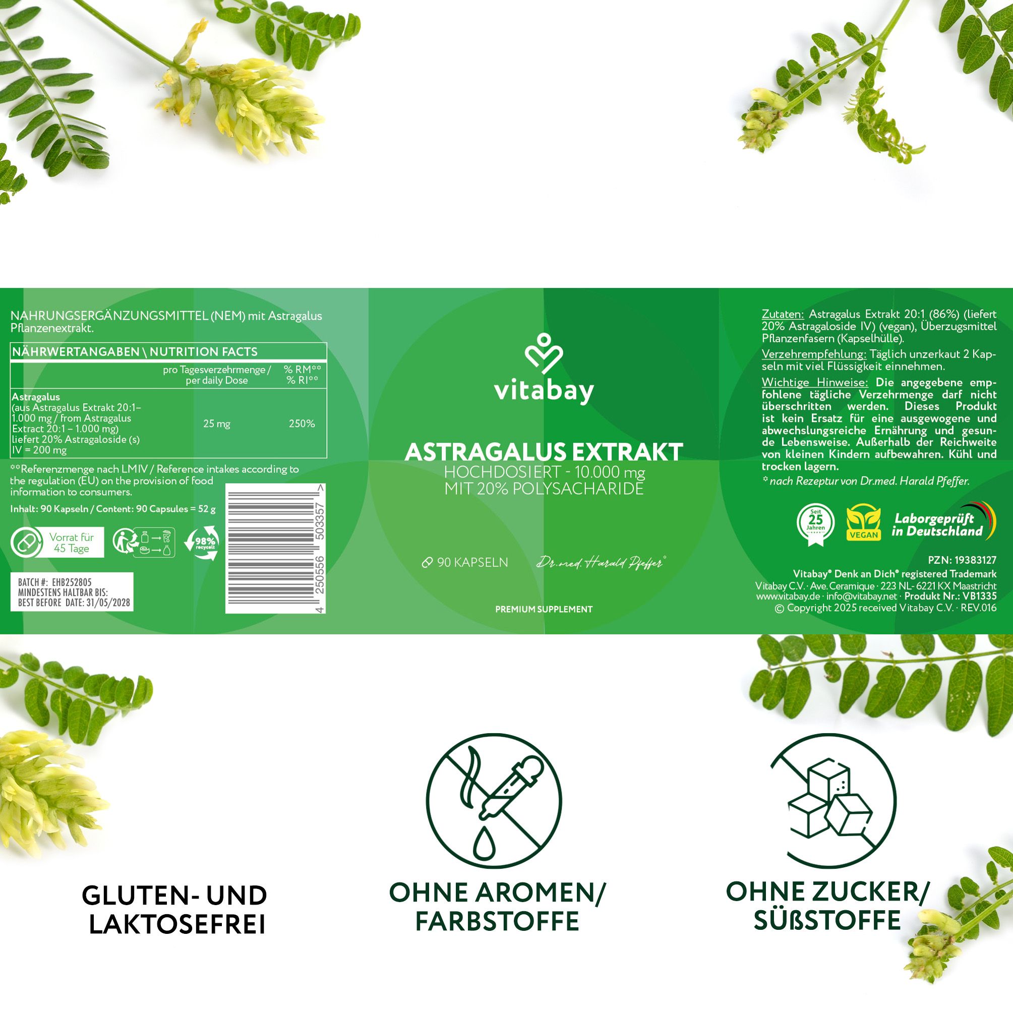 Rückseite einer Verpackung mit Informationen zu Vitabay Astragalus Extrakt. Enthält Nährwertangaben, Inhaltsstoffe und Zertifizierungen.