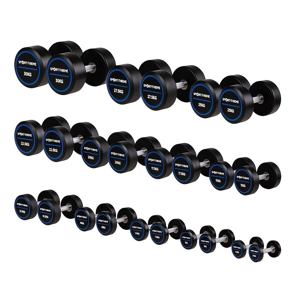 Mehrere Reihen schwarzer Kurzhanteln mit blauen Gewichtsangaben. Sport-Thieme Logo auf den Scheiben.