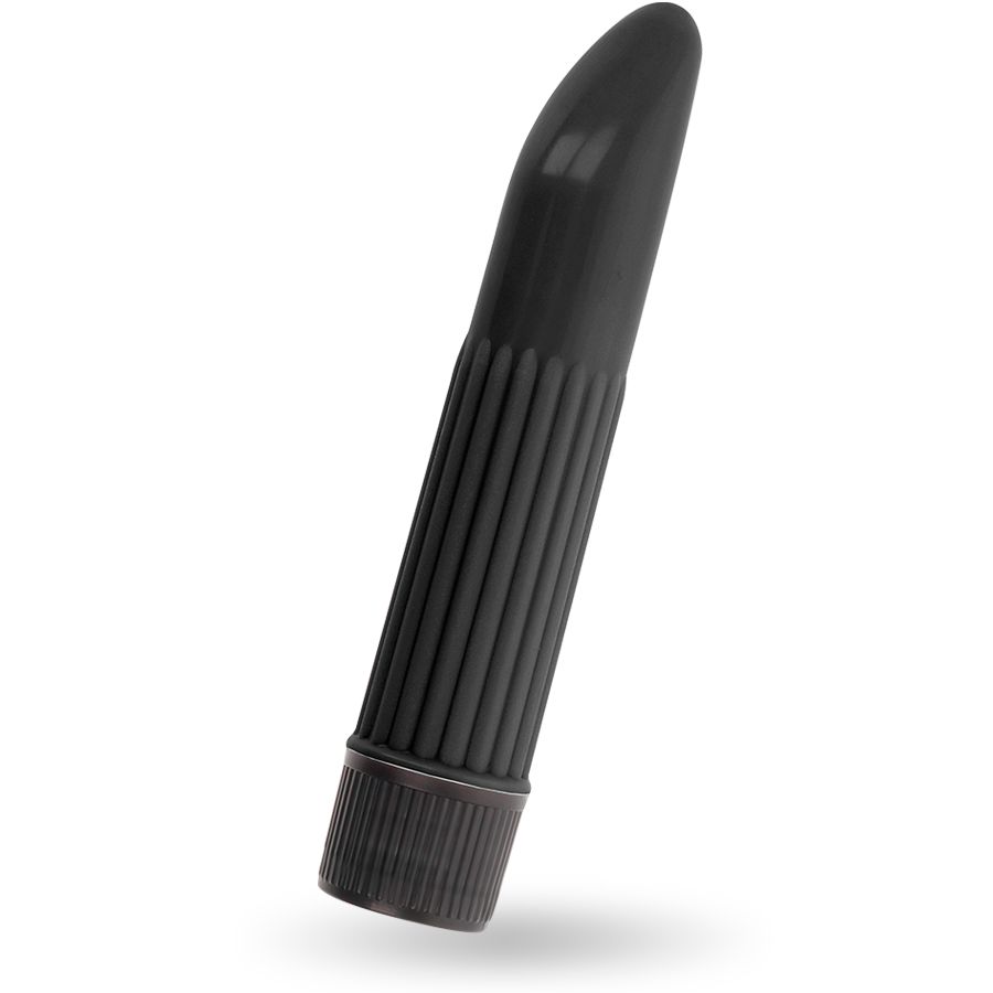 Schwarzer Vibrator mit geriffelter Oberfläche und konischer Spitze. Zylindrische Form.