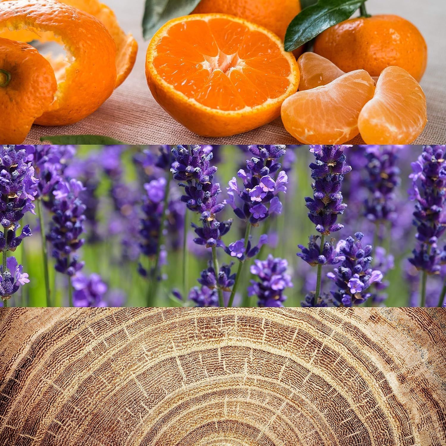 Nahaufnahme von Mandarinen, Lavendel und Holz. Mandarinen, Lavendelblüten, Holzstruktur.