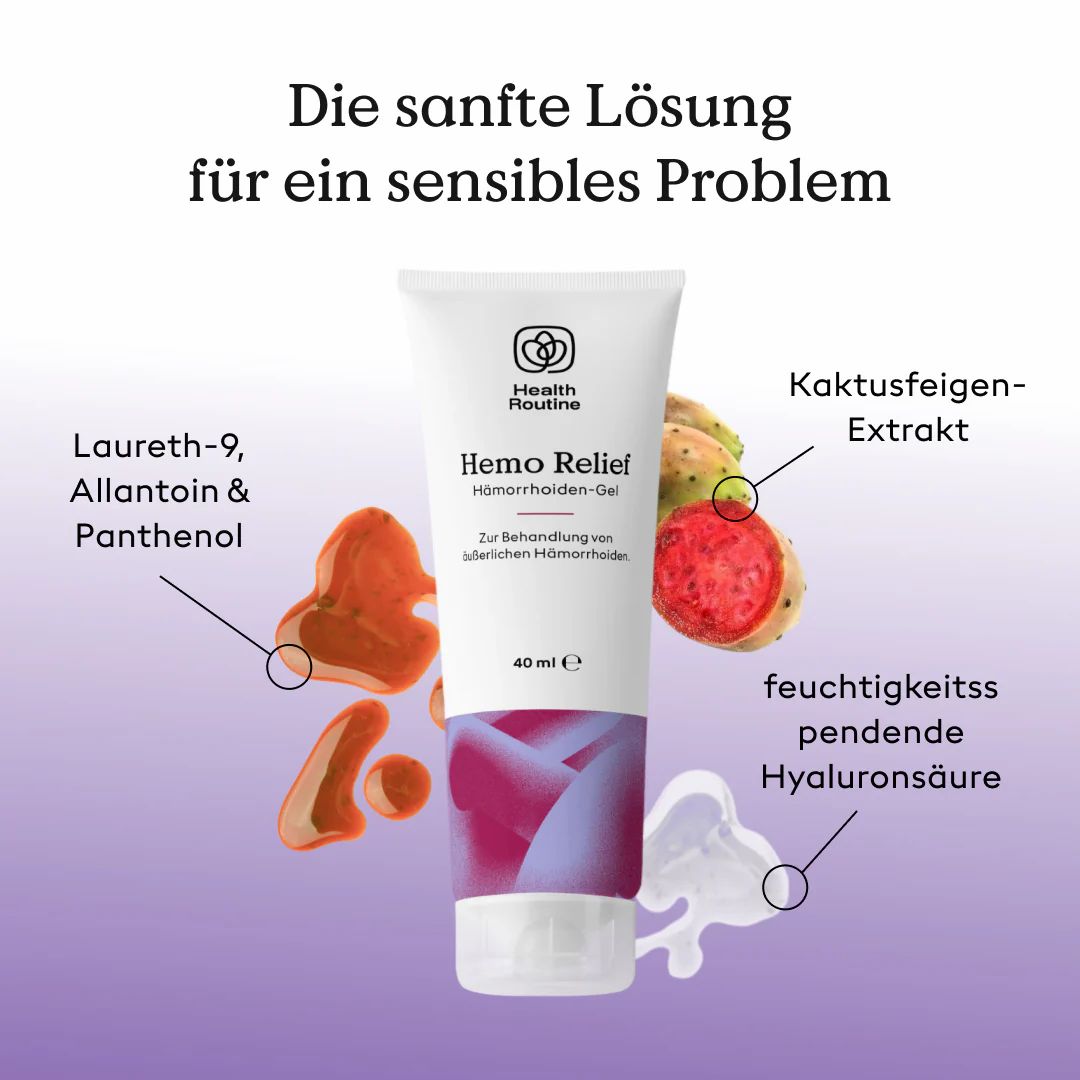 Tube Hemo Relief mit Inhaltsstoff-Illustrationen. Kaktusfeigenextrakt, Hyaluronsäure, Laureth-9, Allantoin & Panthenol.