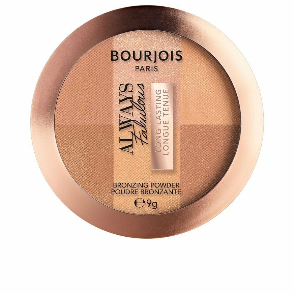 Runder Bräunungspuder-Kompaktpuder. Vier Farbtöne, Markenname Bourjois Paris. Text: Always Fabulous, Long Lasting, Poudre Bronzante, e9g.