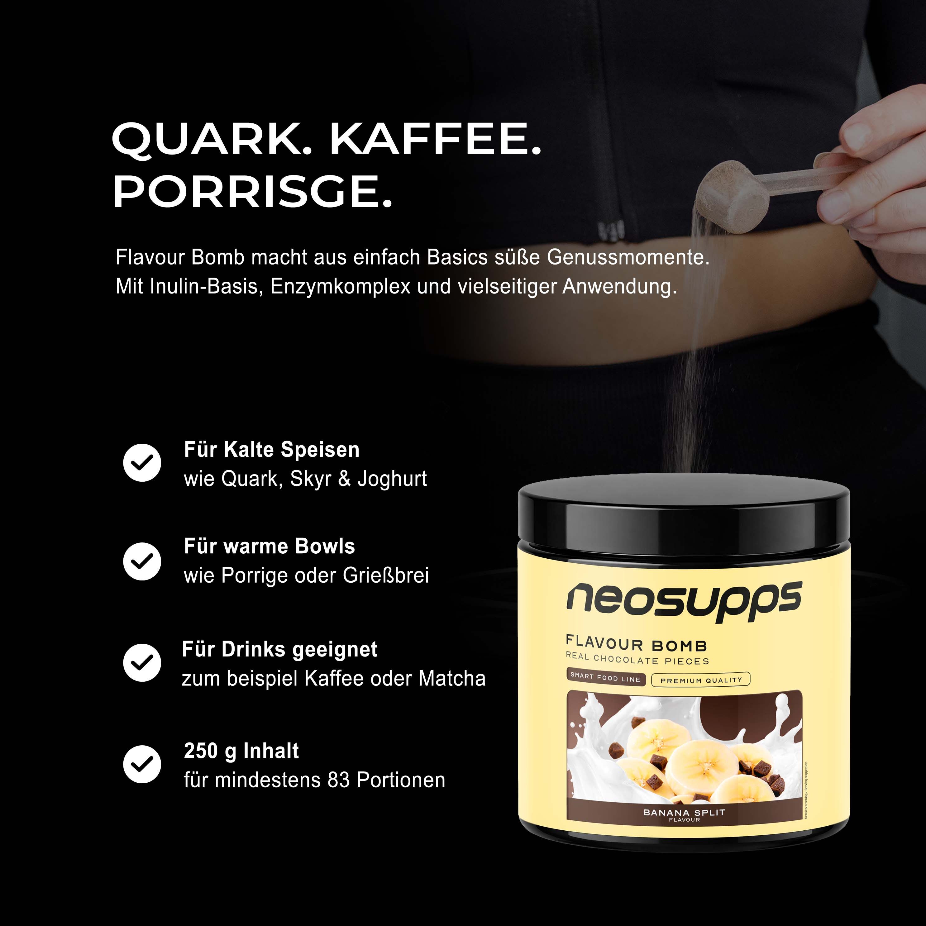 Neosupps Flavour Bomb Banana Split Pulver mit Schokostückchen.