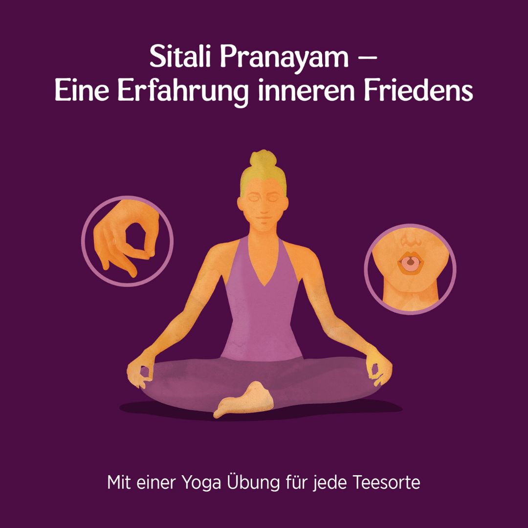 Illustration einer Person in Yoga-Pose. Hände und Gesicht in Nahaufnahme. Text: Sitali Pranayam - Eine Erfahrung inneren Friedens.