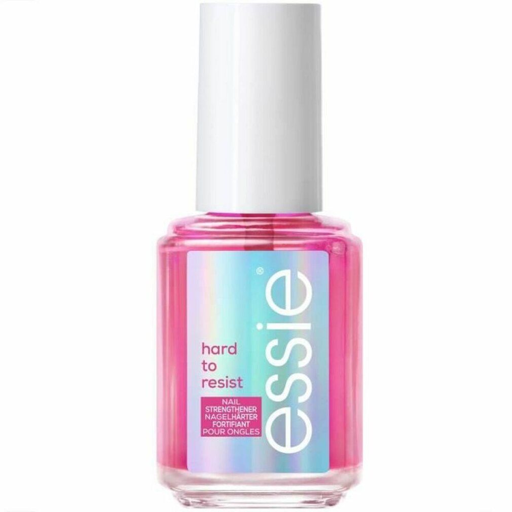 Rosa Nagelhärter-Flasche mit weißem Deckel. Aufkleber mit "essie", "hard to resist" und "Nail Strenghtener".