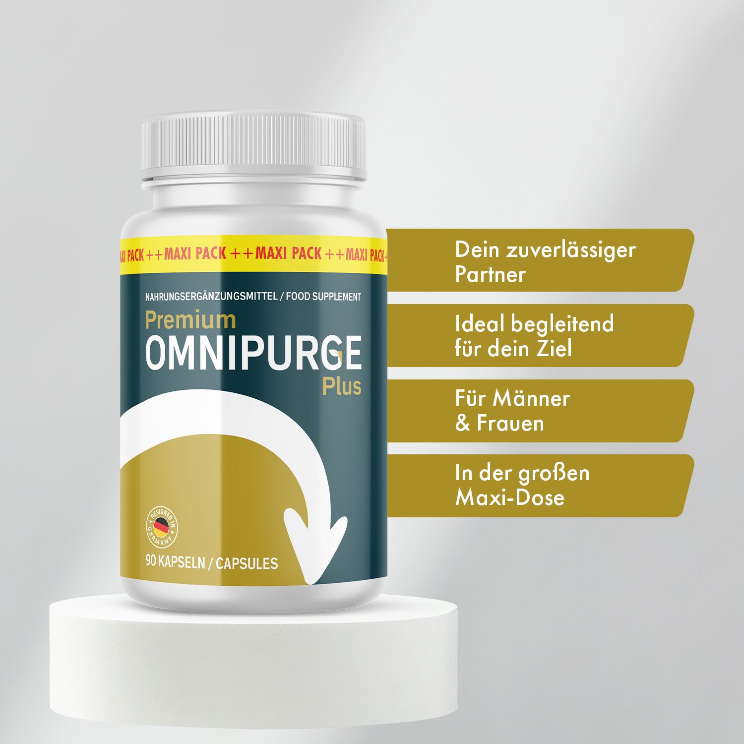 Premium Omnipurge Plus Kapseln auf Sockel, mit Textfeldern zu Vorteilen.