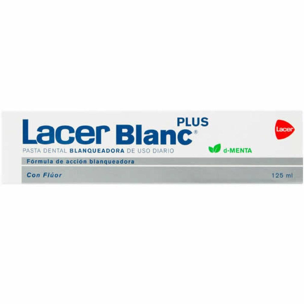 Zahnpasta-Schachtel. Aufschrift: Lacer Blanc Plus, d-menta, Formel für tägliche Anwendung. Weiße Schachtel mit grünen Akzenten.