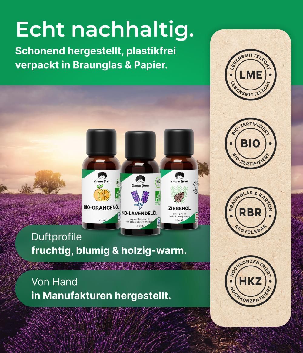 Drei Flaschen: Bio-Orangenöl, Bio-Lavendelöl, Zirbenöl. Text: Echt nachhaltig. Duftprofile. Zertifizierungen. Hergestellt in Manufakturen.