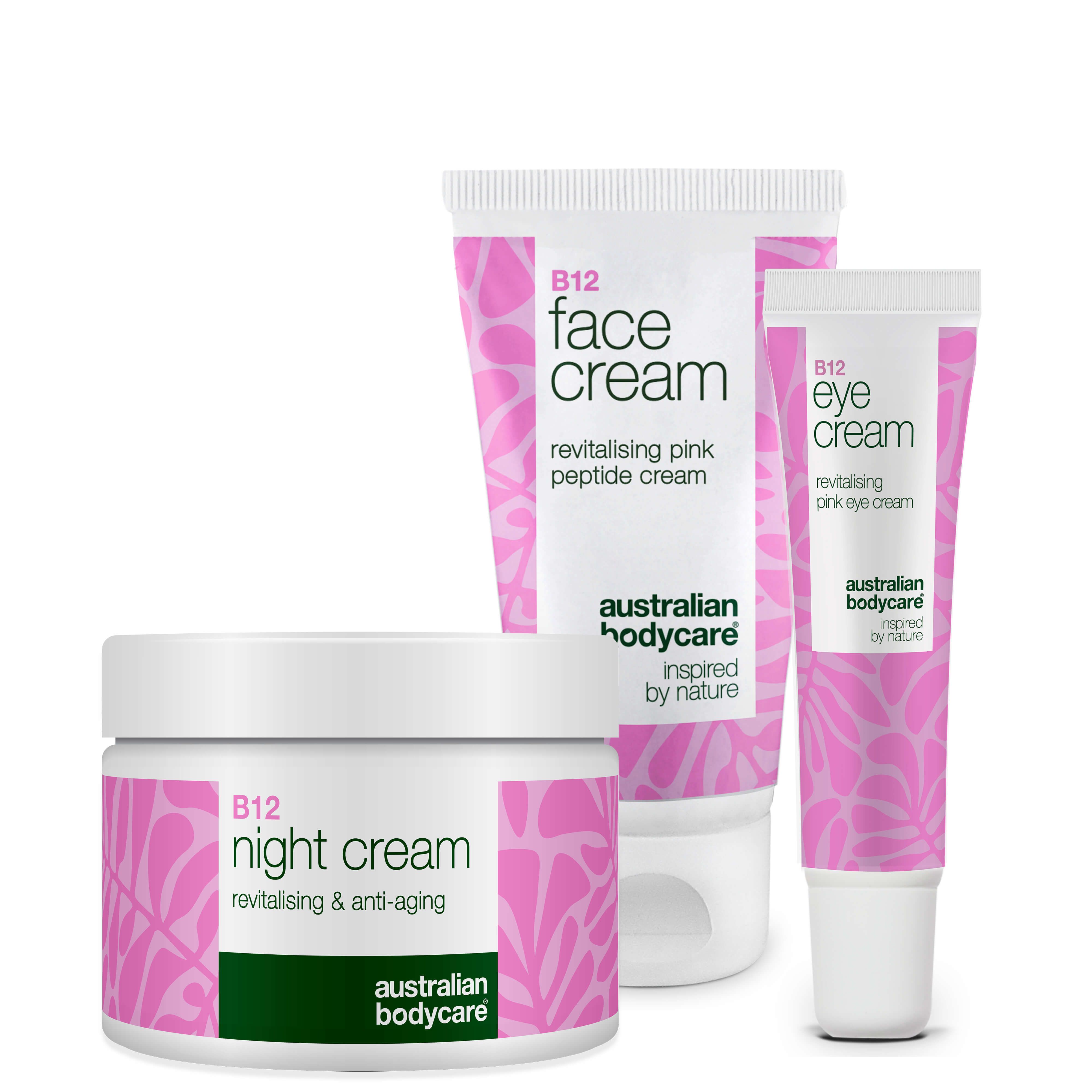 Drei Kosmetikprodukte: Nachtcreme, Gesichtscreme und Augencreme. Rosa Verpackung mit weißer Schrift.