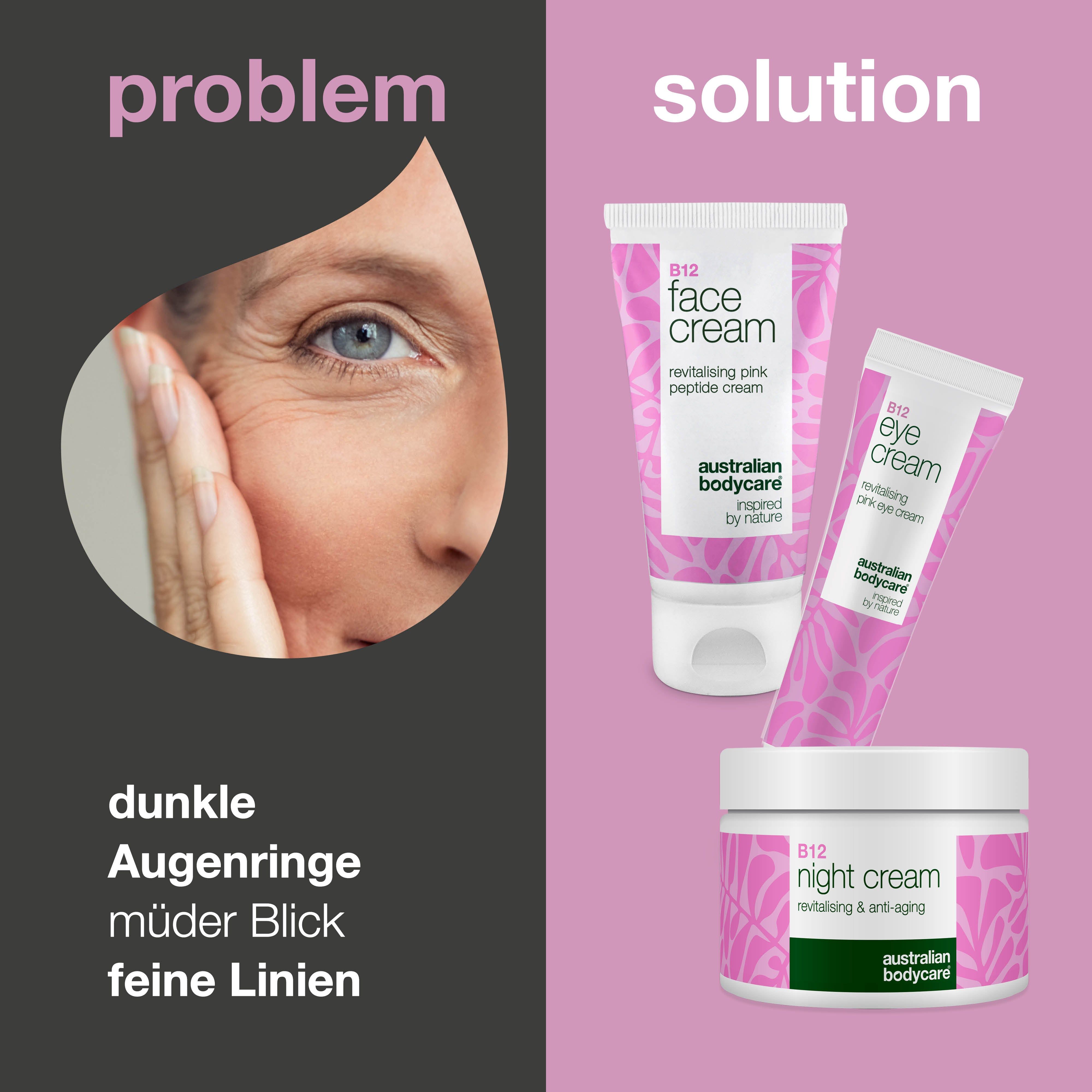 Drei Kosmetikprodukte: Nachtcreme, Gesichtscreme und Augencreme. Rosa Verpackung mit weißer Schrift.