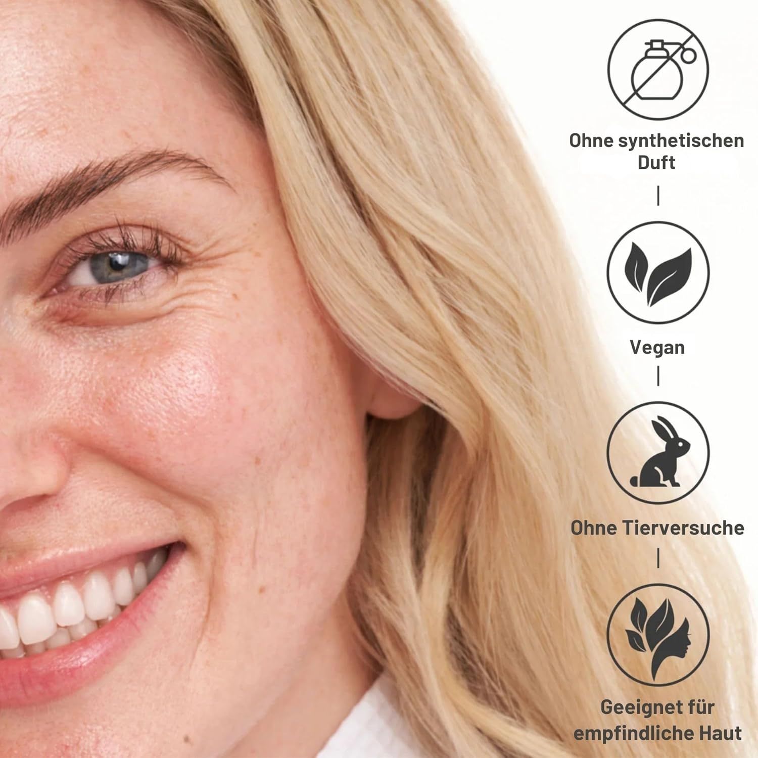 Frau mit Gesicht. Icons: Ohne synthetischen Duft, Vegan, Ohne Tierversuche, Geeignet für empfindliche Haut.