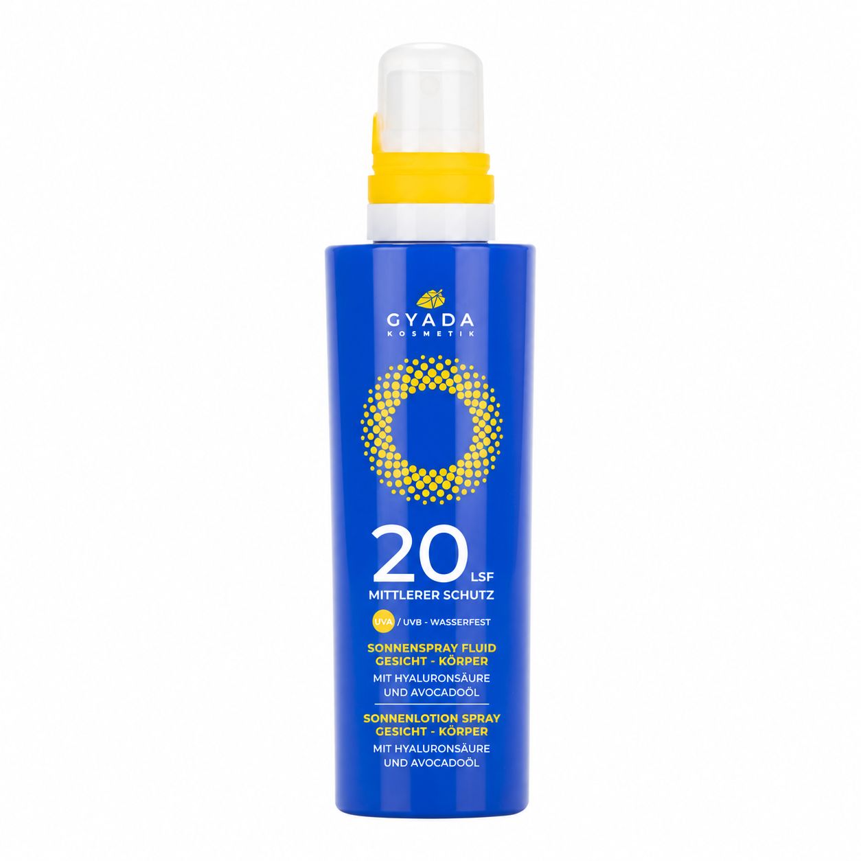 Blaue Sonnencreme-Sprühflasche mit LSF 20.