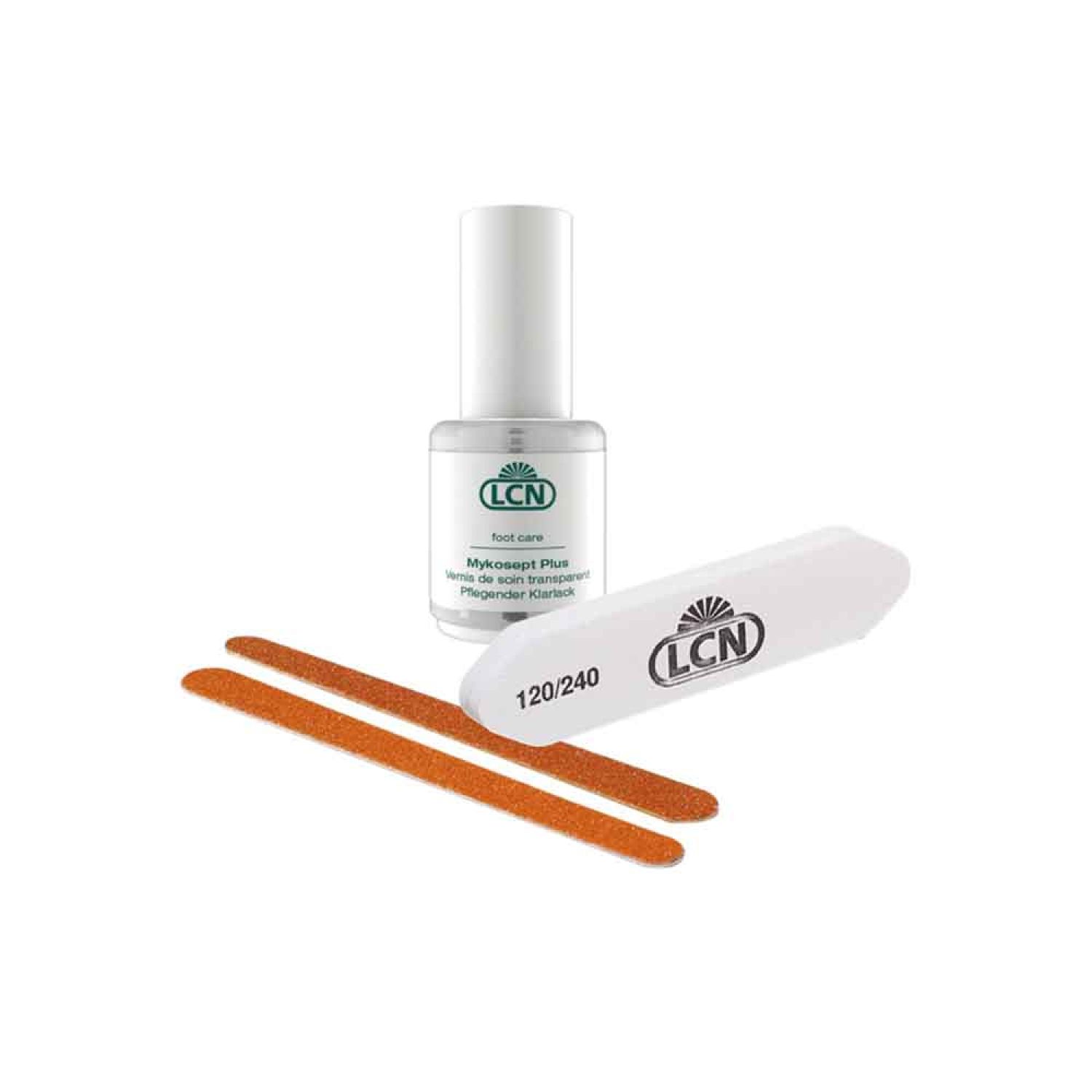 Set mit Flasche, Feile und zwei Holzstäbchen. Auf der Flasche steht "LCN Foot Care Mykosept Plus". Auf der Feile steht "120/240".