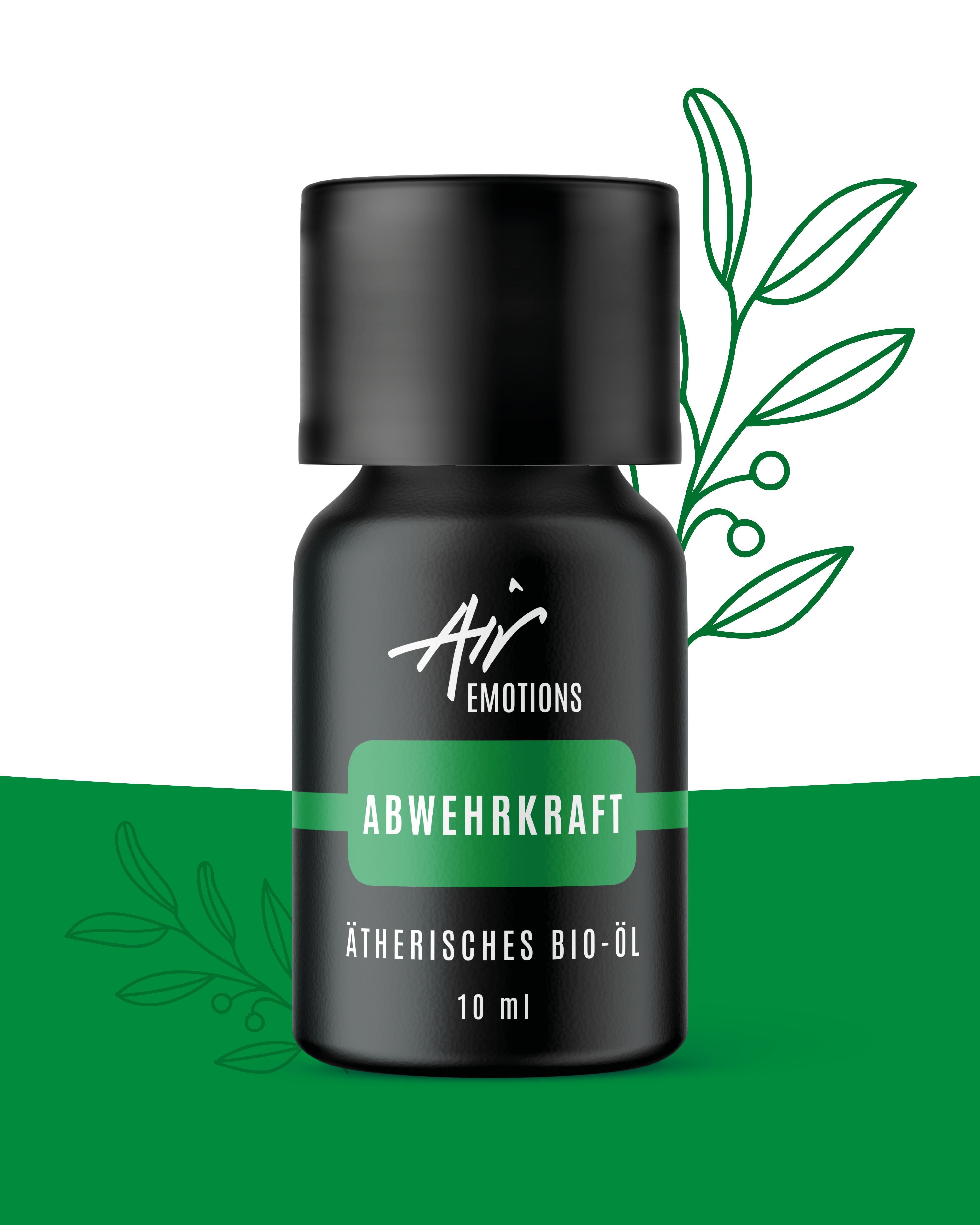 Schwarze Flasche mit grünem Etikett. Ätherisches Öl "Abwehrkraft" und "Air Emotions". Hintergrund mit grünen Blättern.