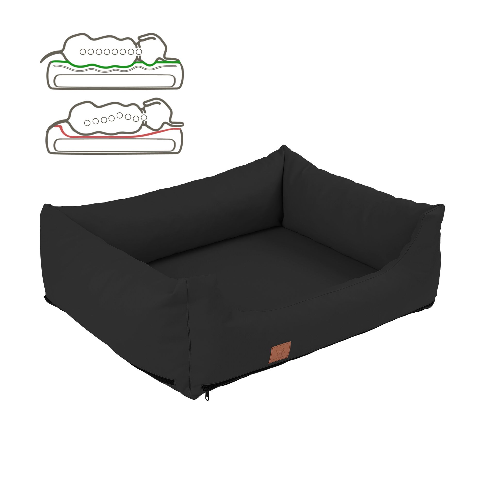 Schwarzes Hundebett. Kunstleder. Eckige Form mit erhöhtem Rand. Braunes Label. Reißverschluss an der Unterseite.