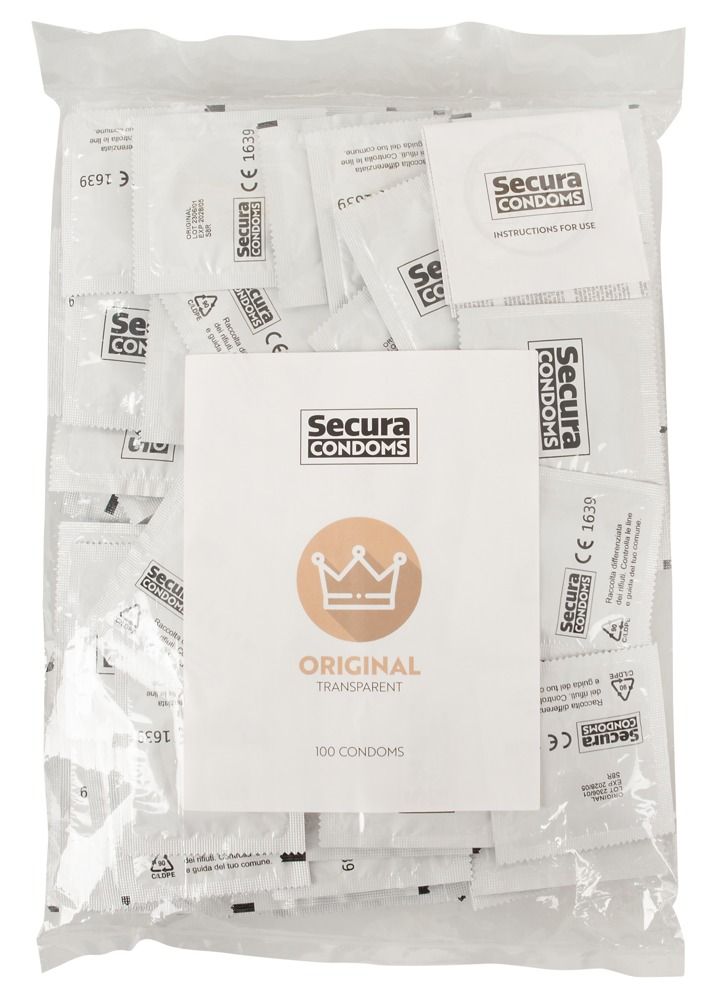 Beutel mit einzeln verpackten Secura Kondomen. Ein Informationsblatt mit Logo und Text liegt im Vordergrund. Aufschrift: Secura Condoms.
